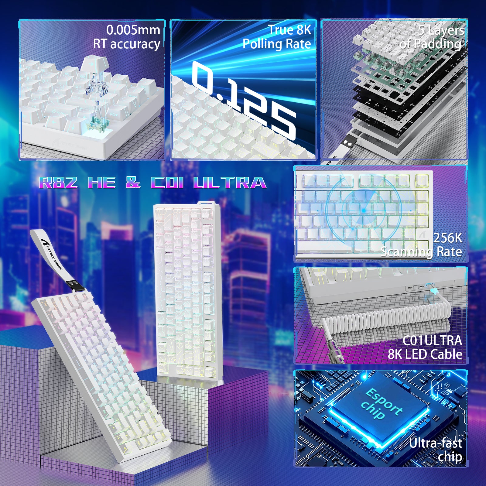 Teclado Gamer com Fio ATTACK SHARK R82 HE 75% com Cabo LED C01ULTRA