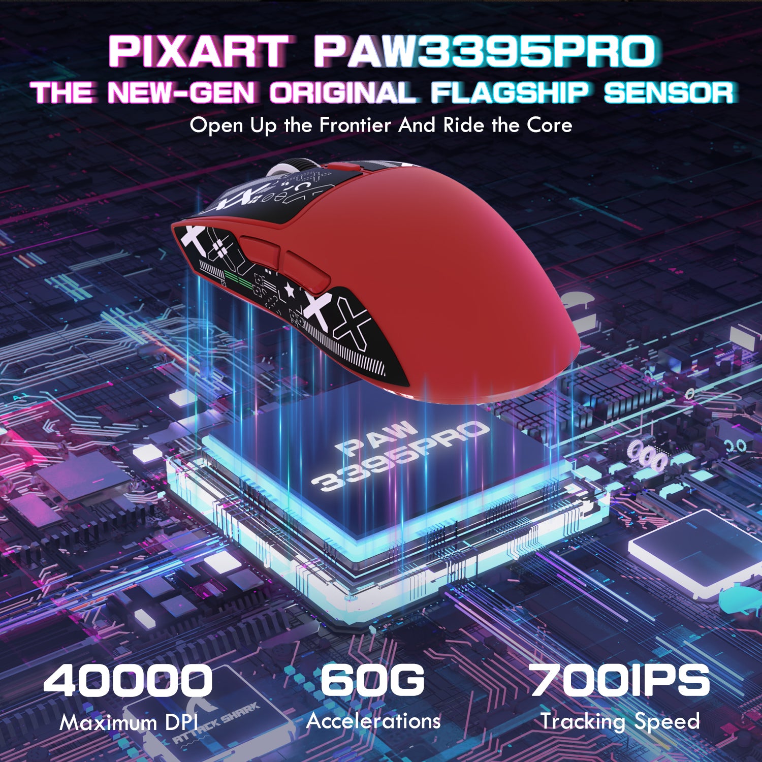 ATTACK SHARK X1 gaming mouse with PAW3395PRO sensor, 40000 DPI, 60G acceleration, 700 IPS tracking speed.
