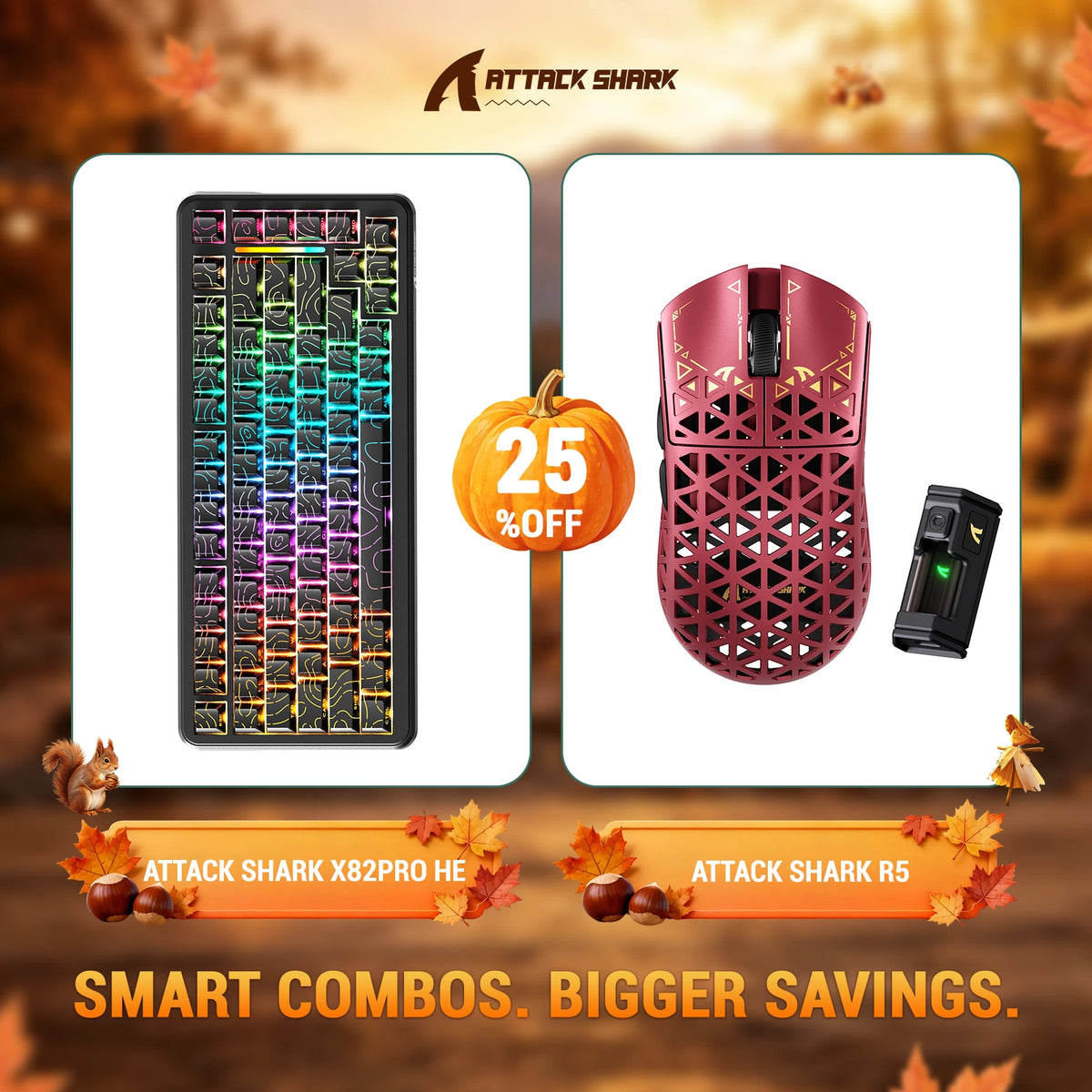 Pacote de teclado com Rapid Trigger ATTACK SHARK X82 PRO HE + mouse gamer sem fio R5 de fibra de carbono