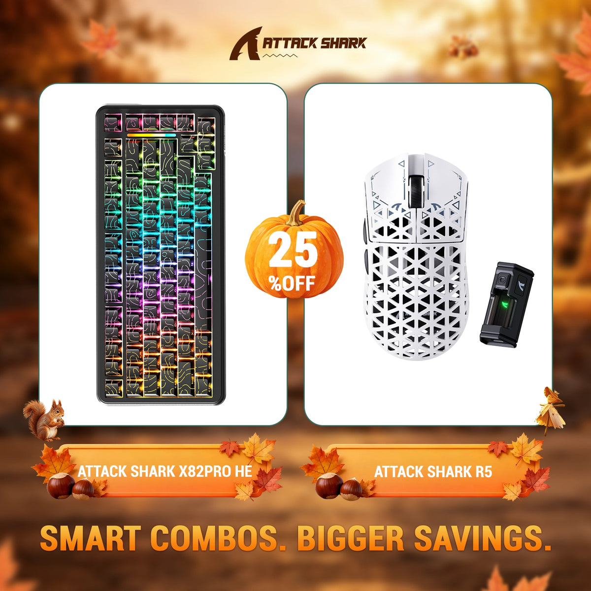 Pacote de teclado com Rapid Trigger ATTACK SHARK X82 PRO HE + mouse gamer sem fio R5 de fibra de carbono