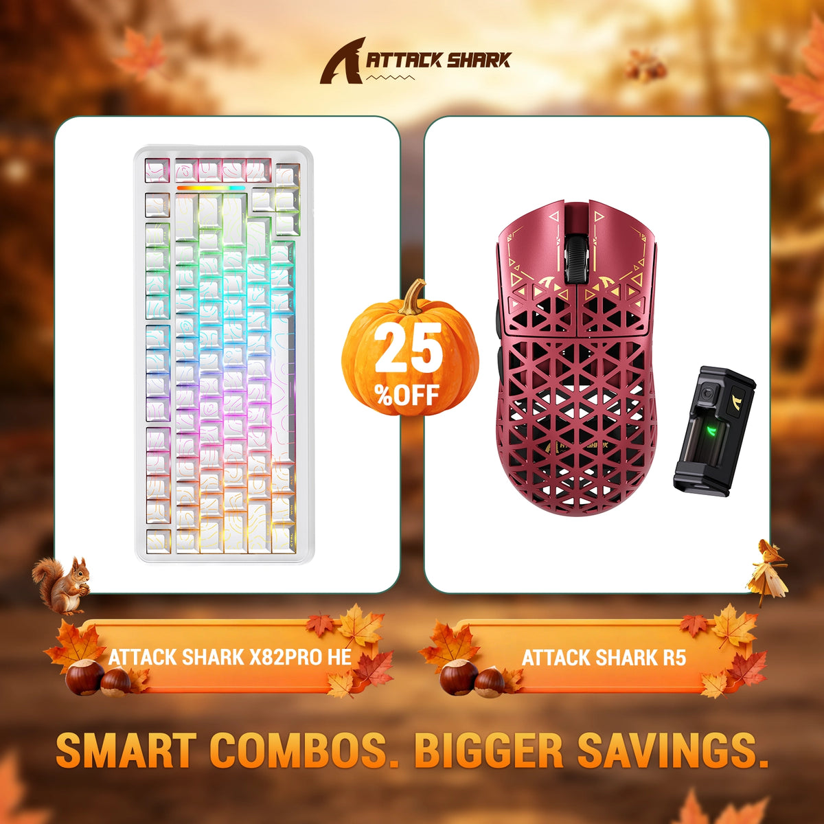 Pacote de teclado com Rapid Trigger ATTACK SHARK X82 PRO HE + mouse gamer sem fio R5 de fibra de carbono