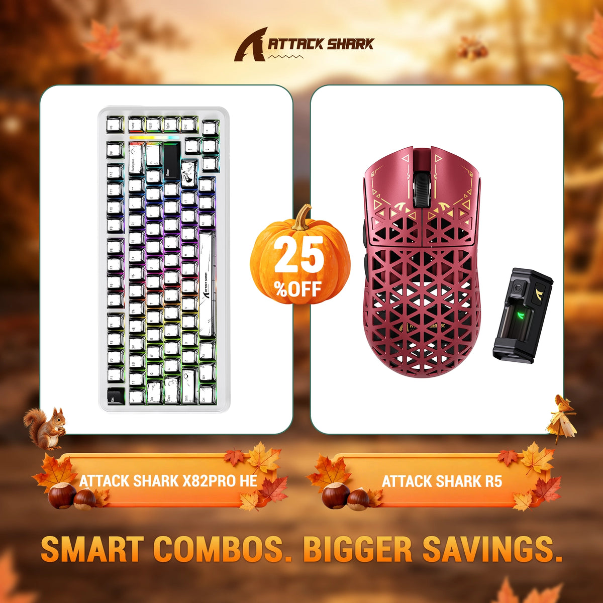 Pacote de teclado com Rapid Trigger ATTACK SHARK X82 PRO HE + mouse gamer sem fio R5 de fibra de carbono