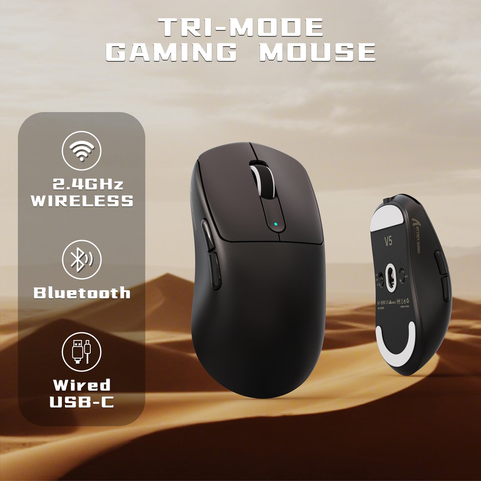 Mouse Gamer Sem Fio ATTACK SHARK V5 8KHz PAW3950MAX com Cabo C06 Ultra