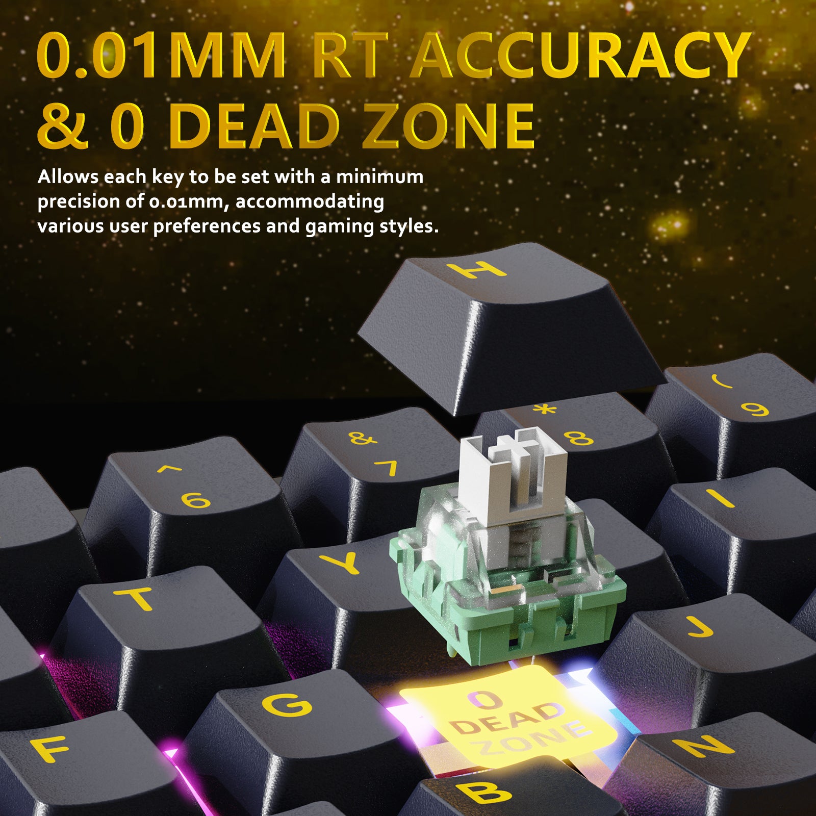 ATTACK SHARK X65 HE keyboard with 0.01mm RT Accuracy and 0 Dead Zone, magnetic switch technology, close-up view.