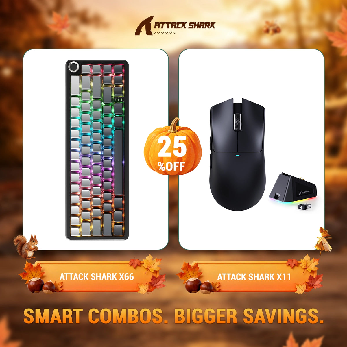 Kit ATTACK SHARK X66 Teclado Mecânico Sem Fio + Mouse Gamer Sem Fio X11