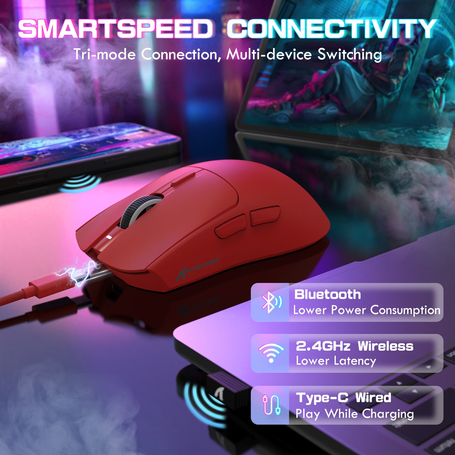 ATTACK SHARK X1 red gaming mouse with SmartSpeed tri-mode connectivity: Bluetooth, 2.4GHz Wireless, and Type-C wired options.
