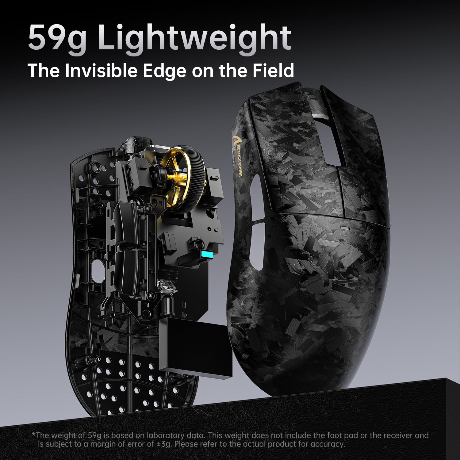 ATTACK SHARK X11 ULTRA 59g carbon fiber 8K wireless gaming mouse internal view.