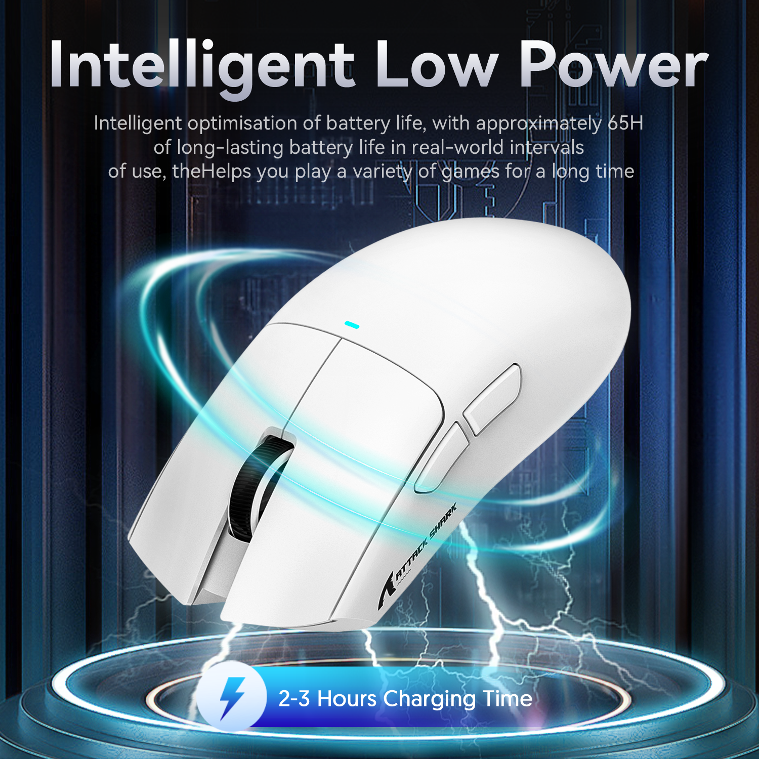 ATTACK SHARK X11 wireless gaming mouse in white, featuring intelligent low power and 2-3 hours charging time.