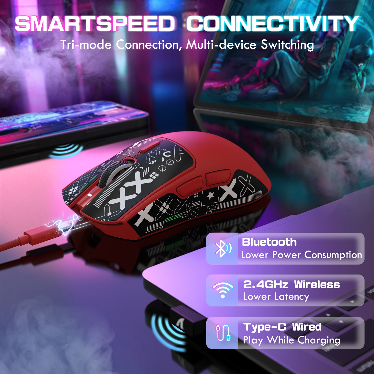 ATTACK SHARK X1 red gaming mouse: "SMARTSPEED CONNECTIVITY", Bluetooth, 2.4GHz Wireless, Type-C Wired.