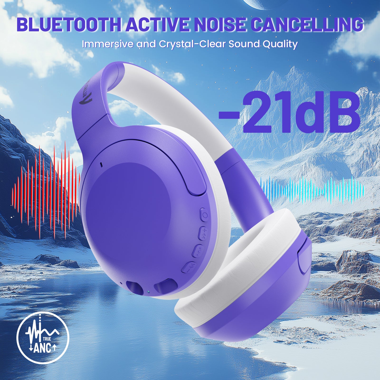 ATTACK SHARK G300 ANC purple headphones, featuring Bluetooth, active noise cancellation, and -21dB noise reduction