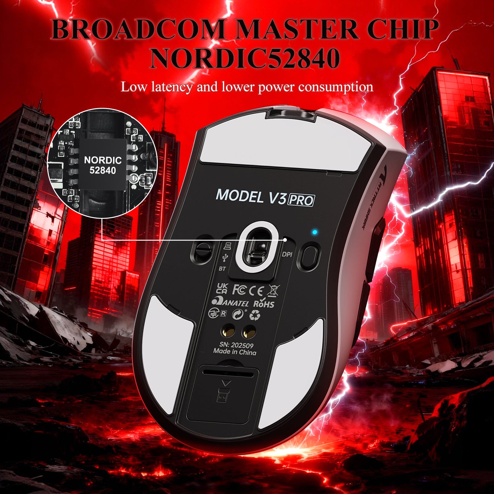 Mouse Gamer Tri-modo Ultra-Leve ATTACK SHARK V3PRO com Dock de Carregamento