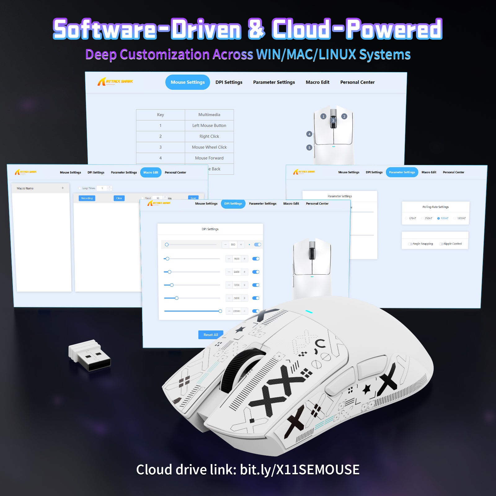 ATTACK SHARK X11SE gaming mouse software interface with DPI and macro settings on Windows, Mac, and Linux systems.