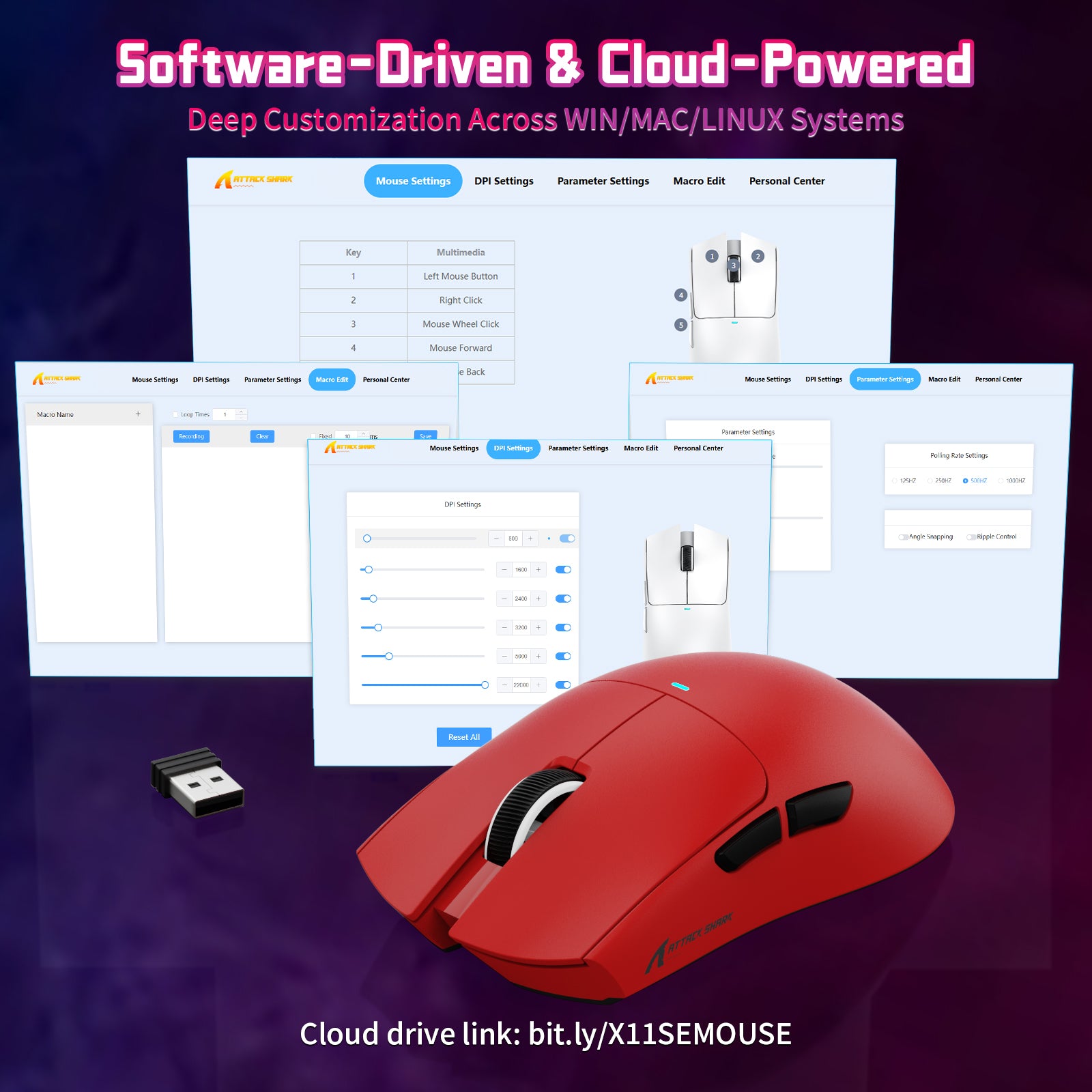 ATTACK SHARK X11SE gaming mouse software, customizing DPI, macros on Windows, Mac, Linux systems, cloud-powered.