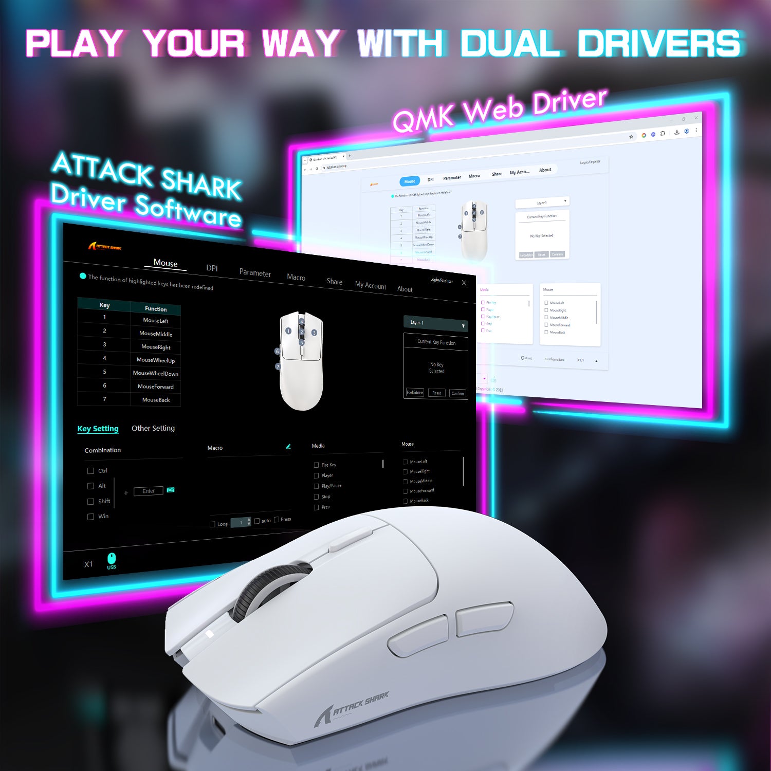 ATTACK SHARK X1 gaming mouse showcasing driver software for key customization and QMK web driver