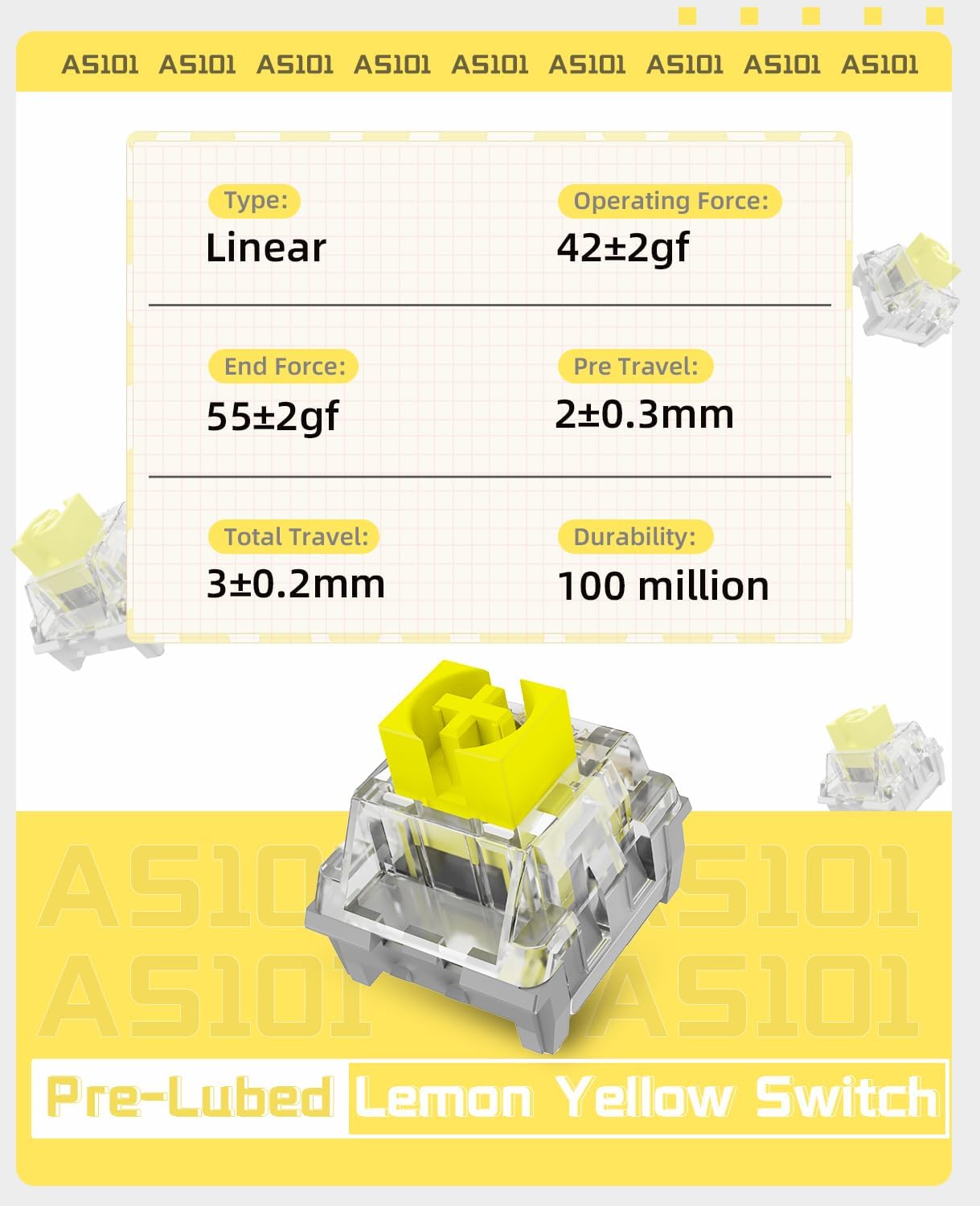 ATTACK SHARK AS101 Linear Lemon Yellow mechanical switch with 42gf operating force and 3mm total travel.