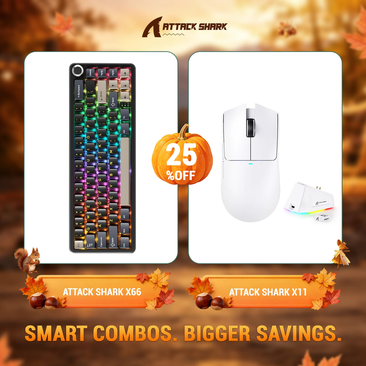 Kit ATTACK SHARK X66 Teclado Mecânico Sem Fio + Mouse Gamer Sem Fio X11
