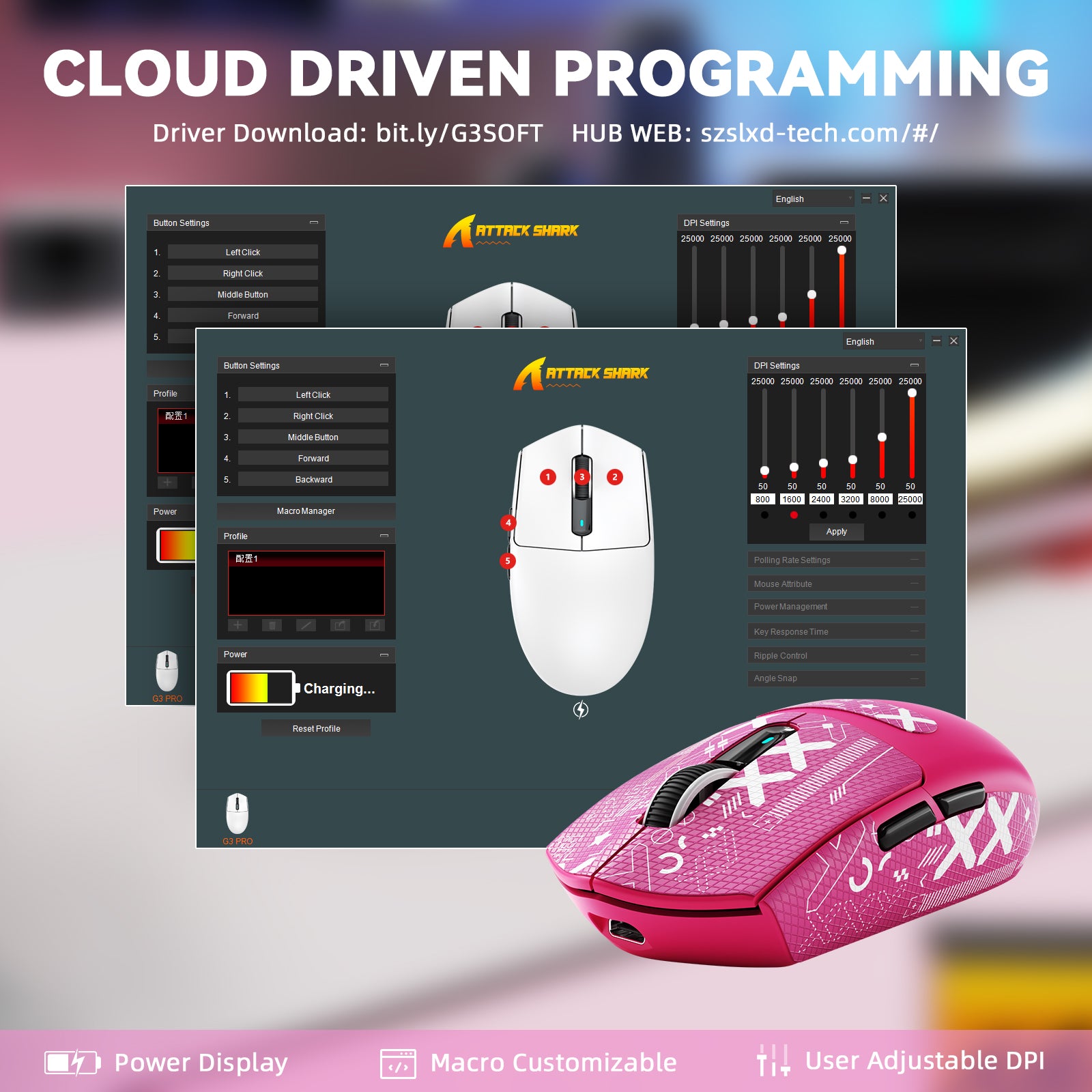 Mouse Gamer Sem Fio ATTACK SHARK G3PRO Tri-mode com Base de Carregamento 25000 DPI Ultraleve