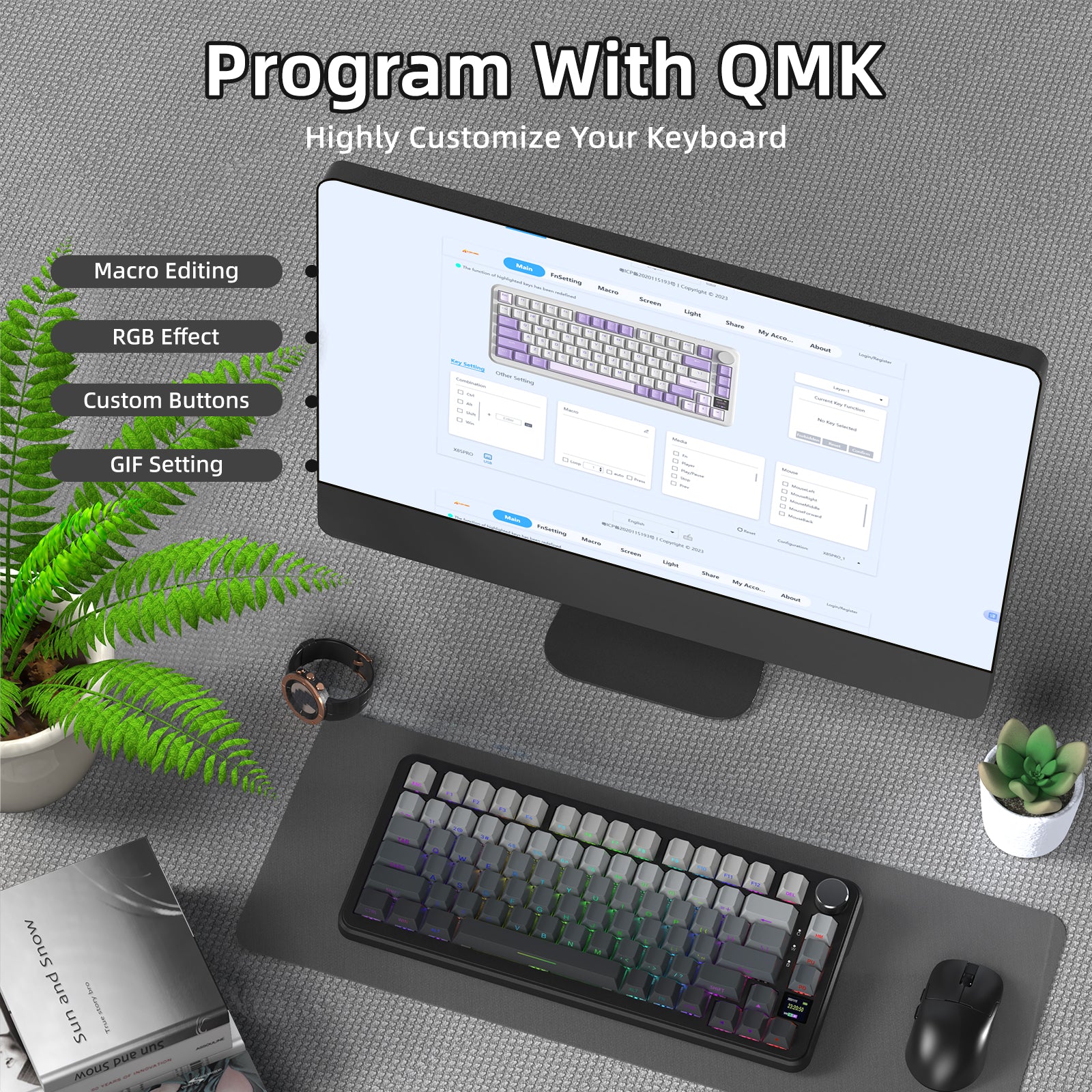ATTACK SHARK X85PRO keyboard, QMK customization, Macro, RGB, GIF settings on screen, black/grey keycaps.