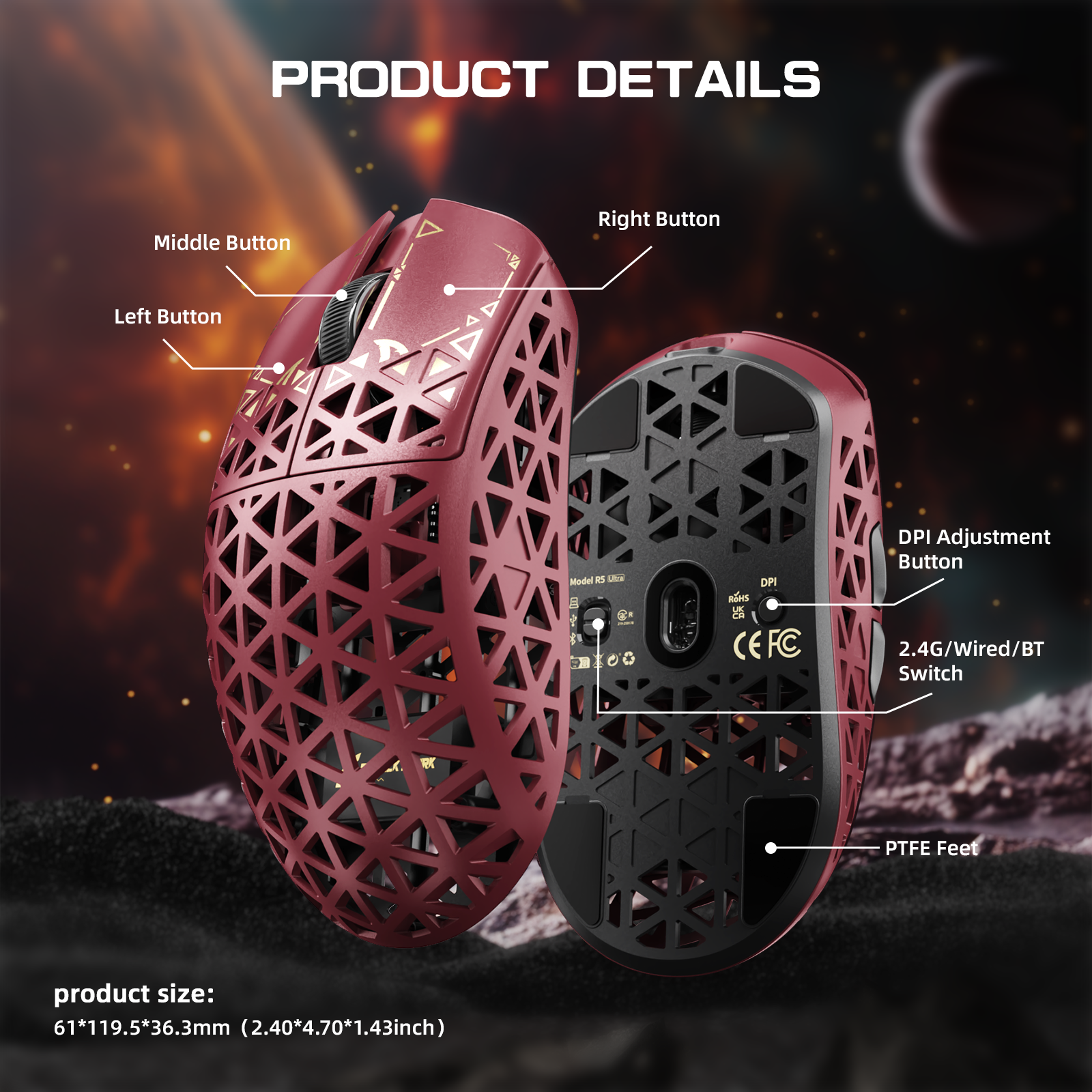 Mouse Gamer Sem Fio ATTACK SHARK R5 ULTRA Fibra de Carbono 8K PAW3950MAX