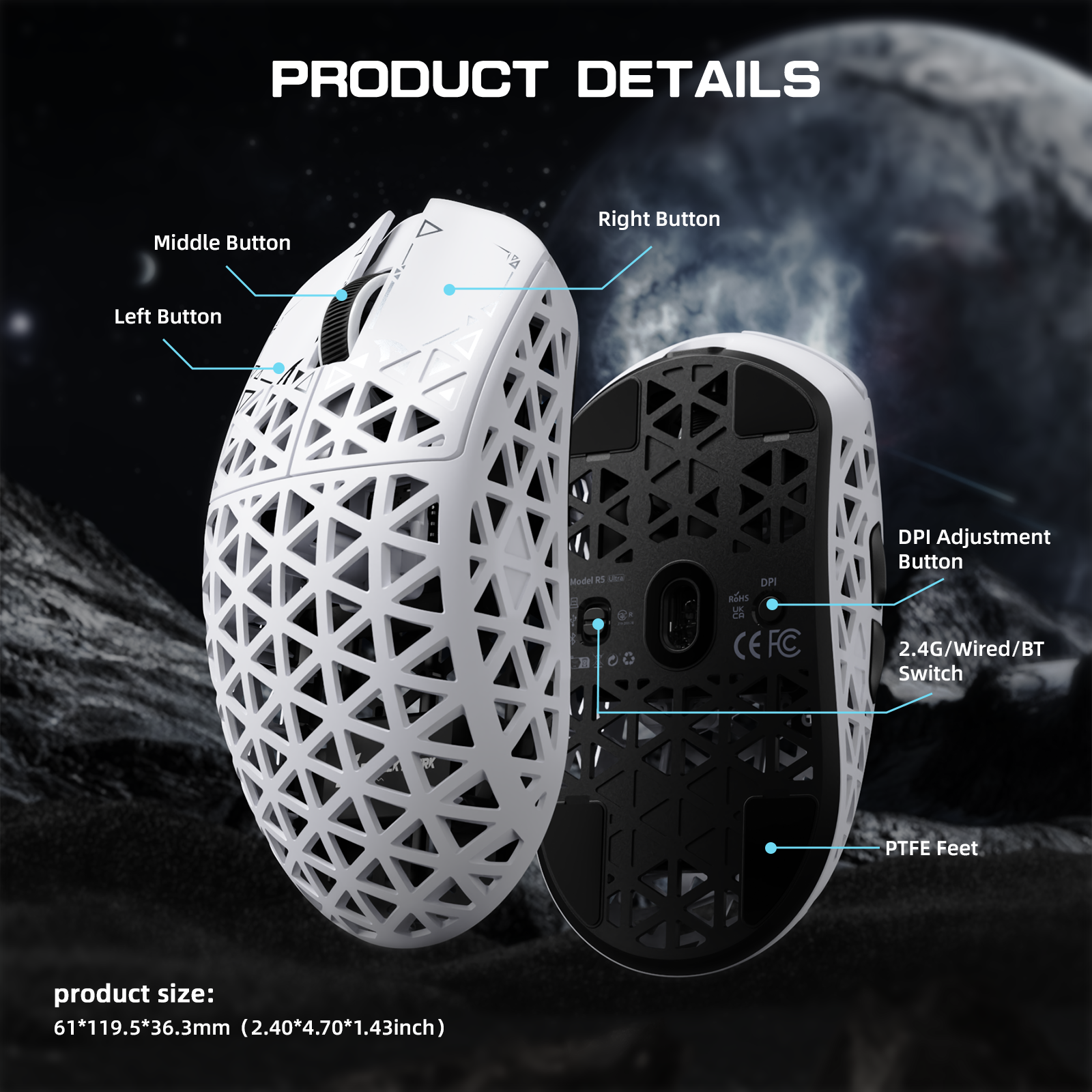 Mouse Gamer Sem Fio ATTACK SHARK R5 ULTRA Fibra de Carbono 8K PAW3950MAX