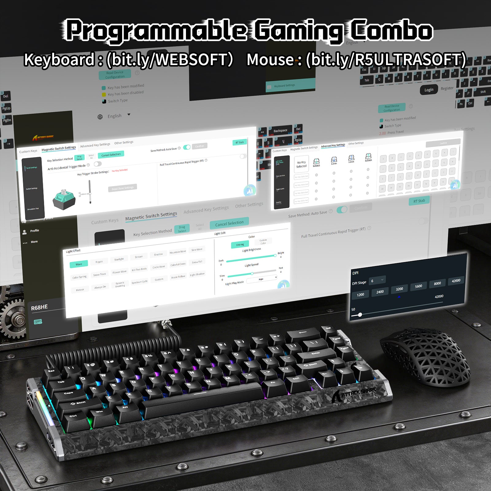 Pacote Gamer ATTACK SHARK R68 HE & R5 ULTRA Fibra de Carbono com Cabo Enrolado C01 ULTRA