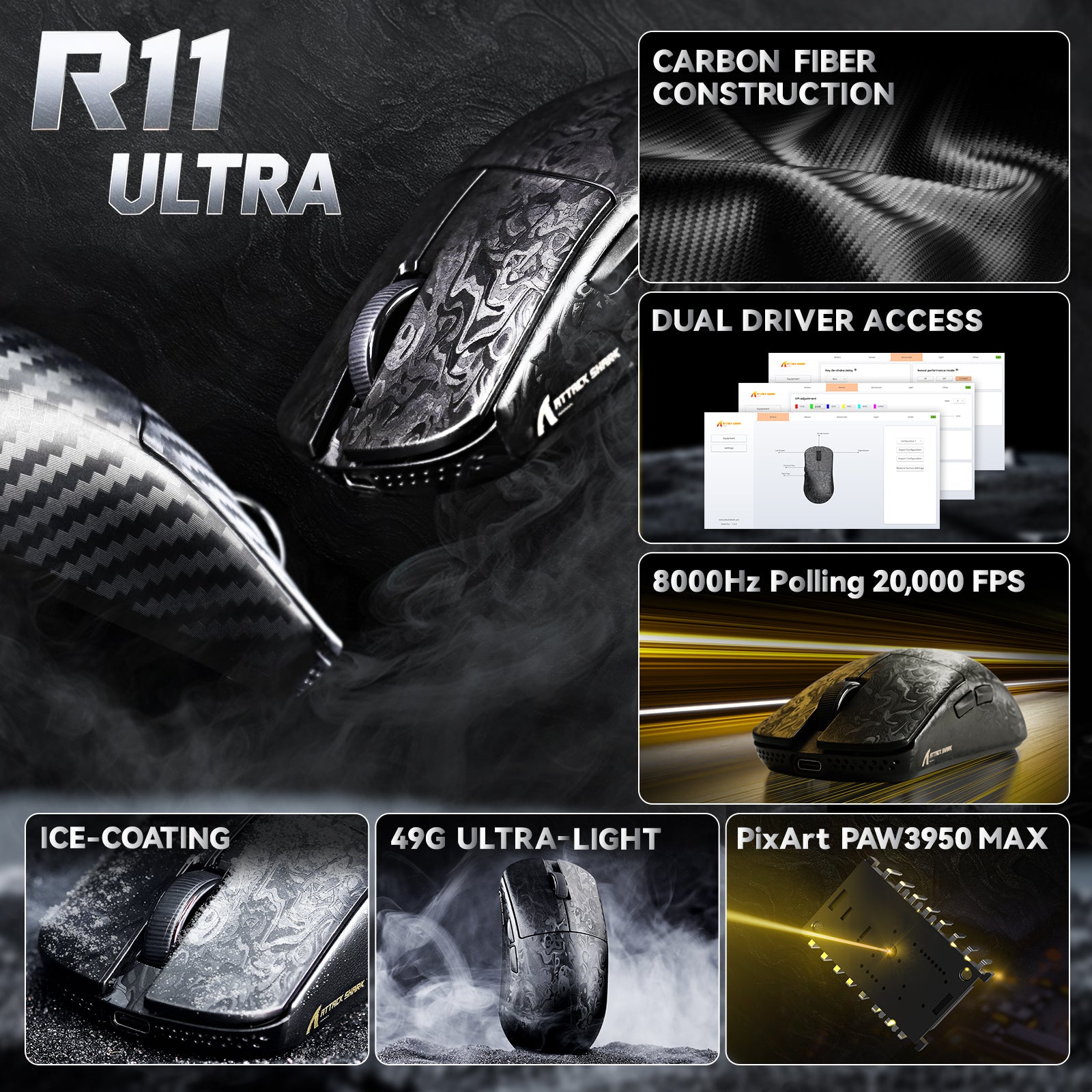 Mouse Gamer Sem Fio ATTACK SHARK R11 ULTRA Fibra de Carbono 8K PAW3950MAX com Cabo LED Ultra C06