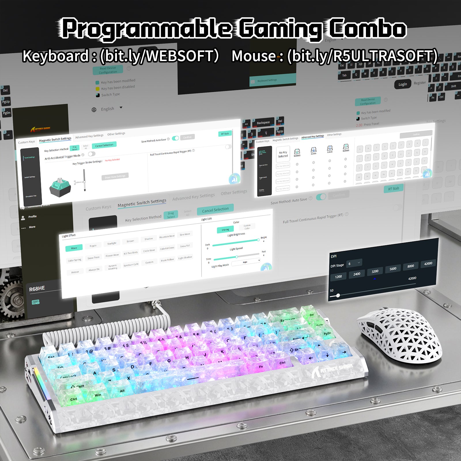 Pacote Gamer ATTACK SHARK R68 HE & R5 ULTRA Fibra de Carbono com Cabo Enrolado C01 ULTRA