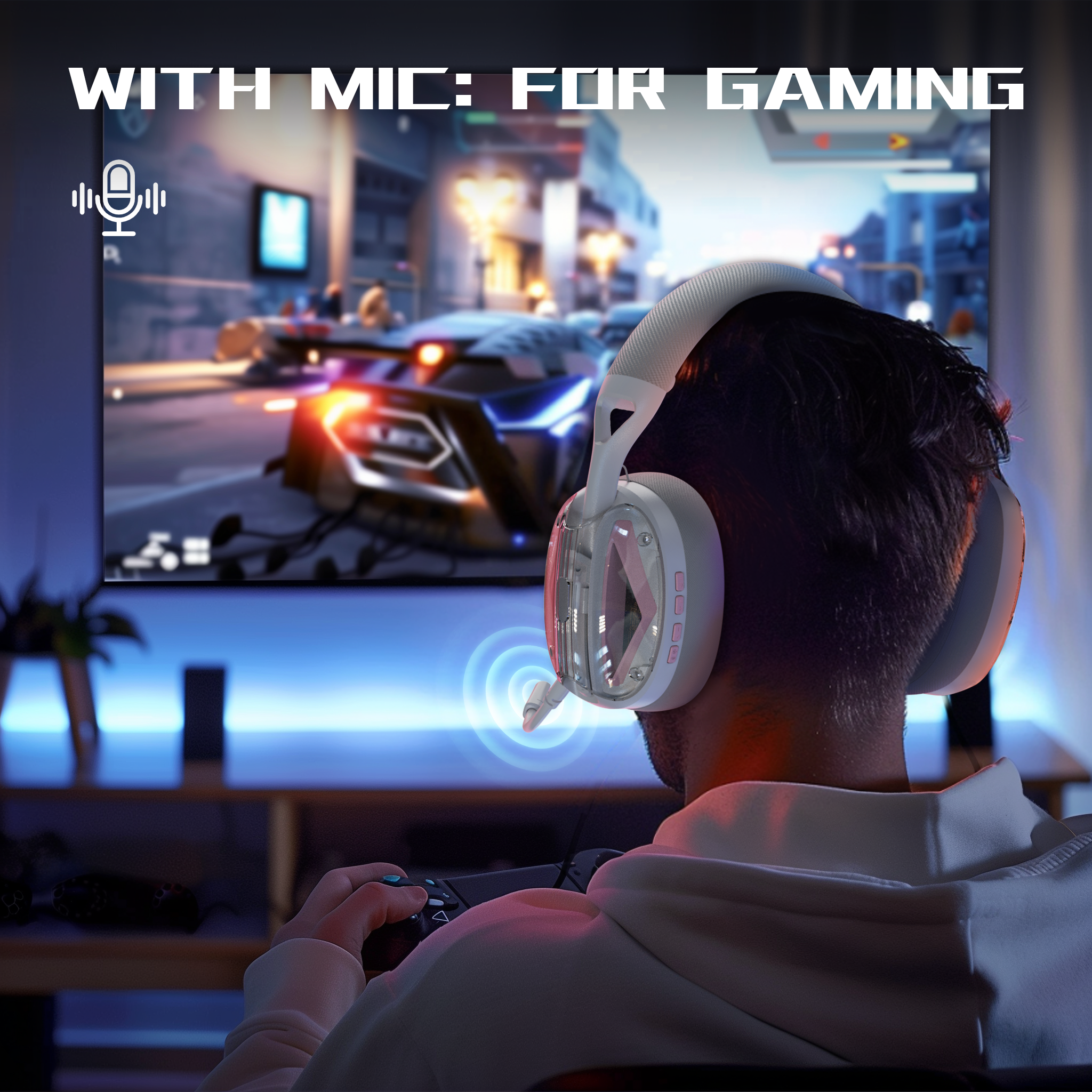ATTACK SHARK L60 gaming headset with detachable mic, used by a gamer playing on a large screen.