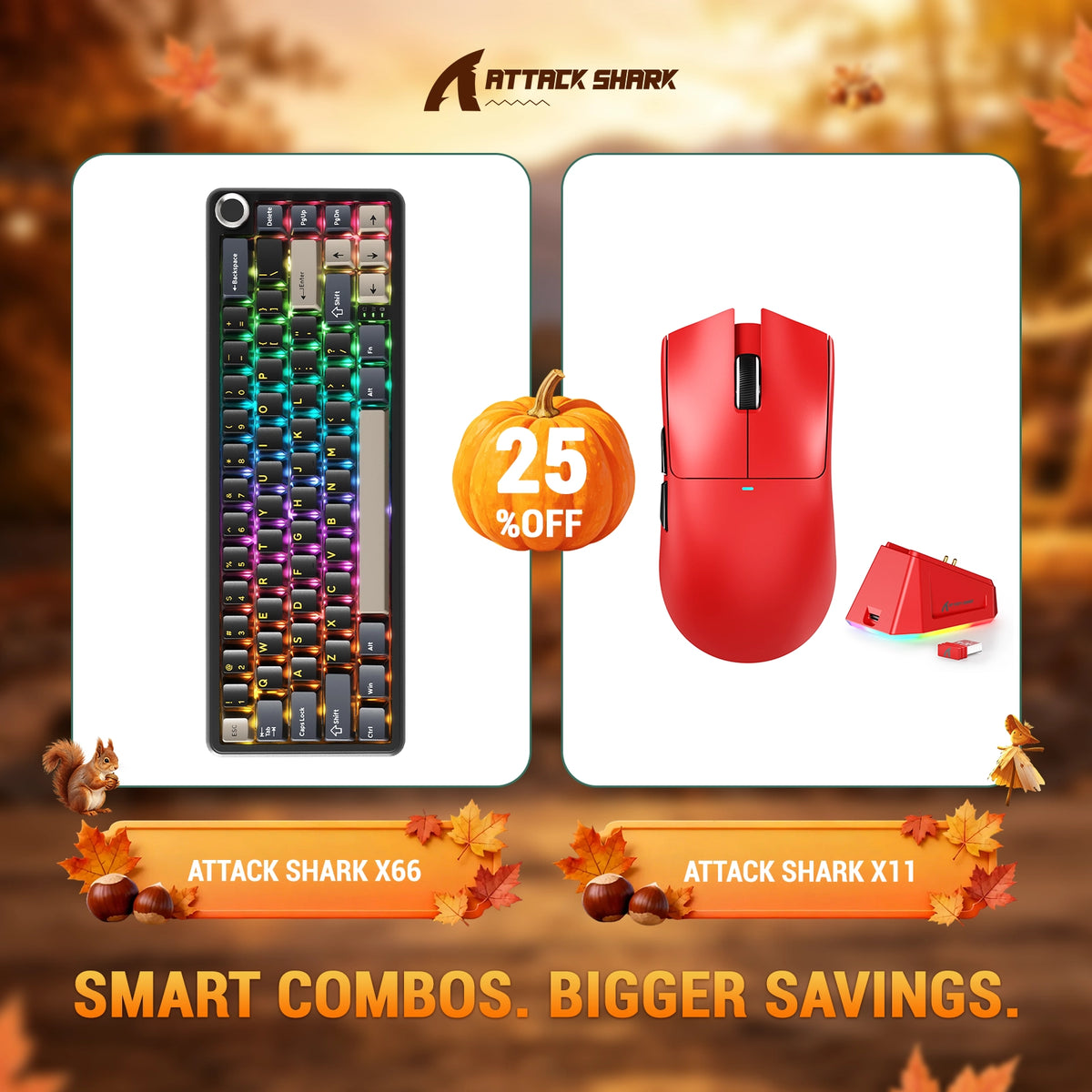 Kit ATTACK SHARK X66 Teclado Mecânico Sem Fio + Mouse Gamer Sem Fio X11