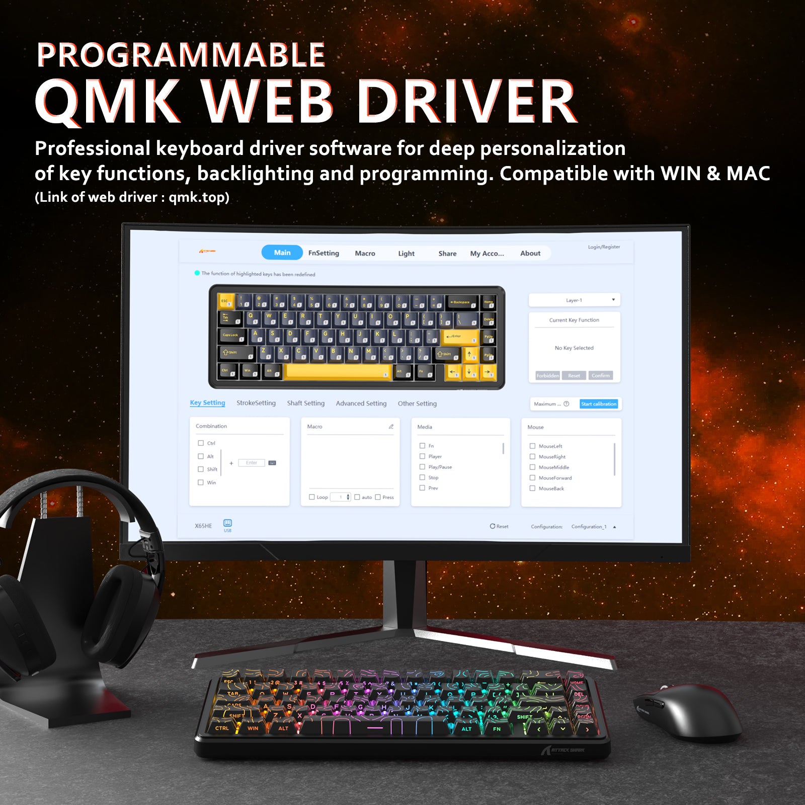 Teclado ATTACK SHARK X65 HE com chave magnética de disparo rápido