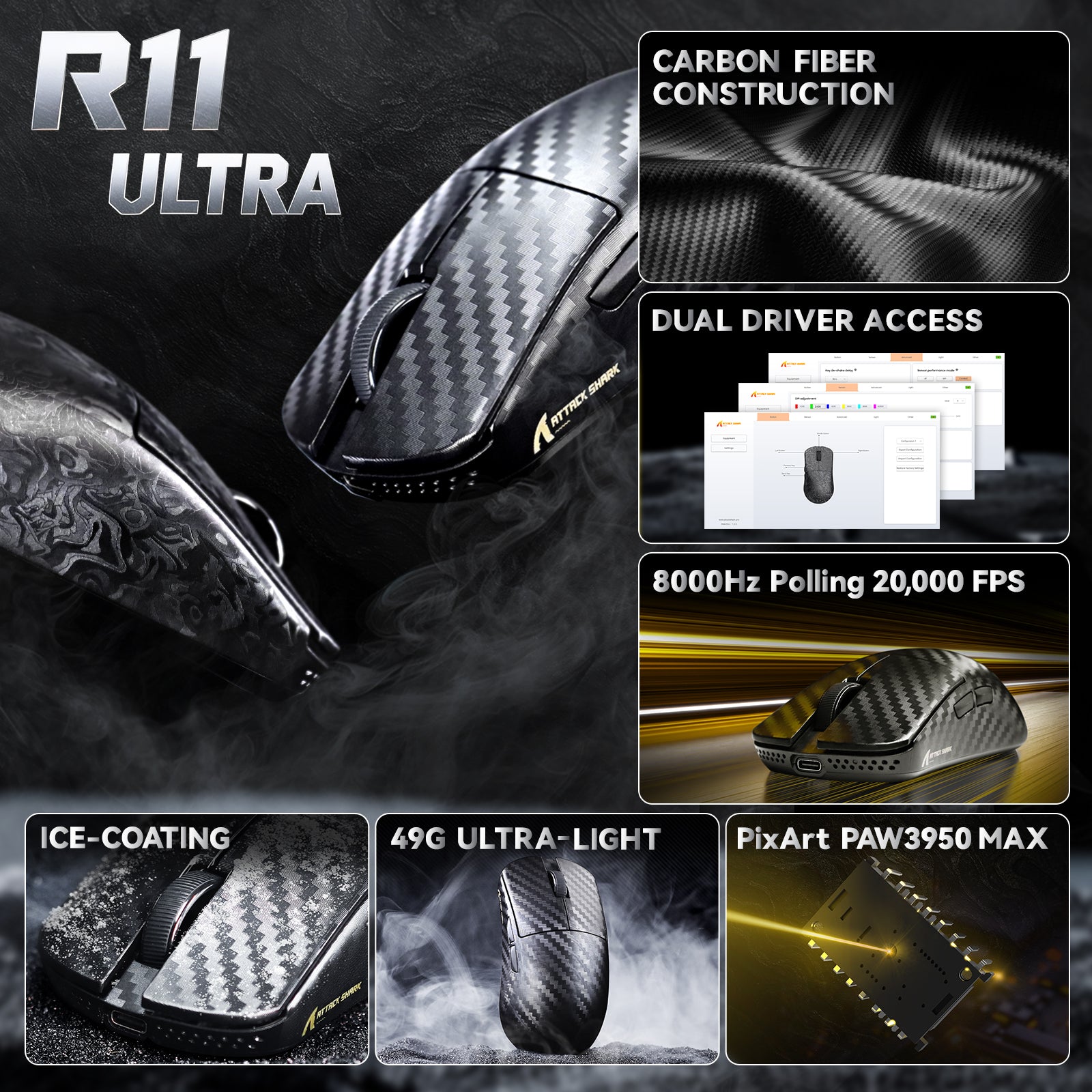 Mouse Gamer Sem Fio ATTACK SHARK R11 ULTRA Fibra de Carbono 8K PAW3950MAX