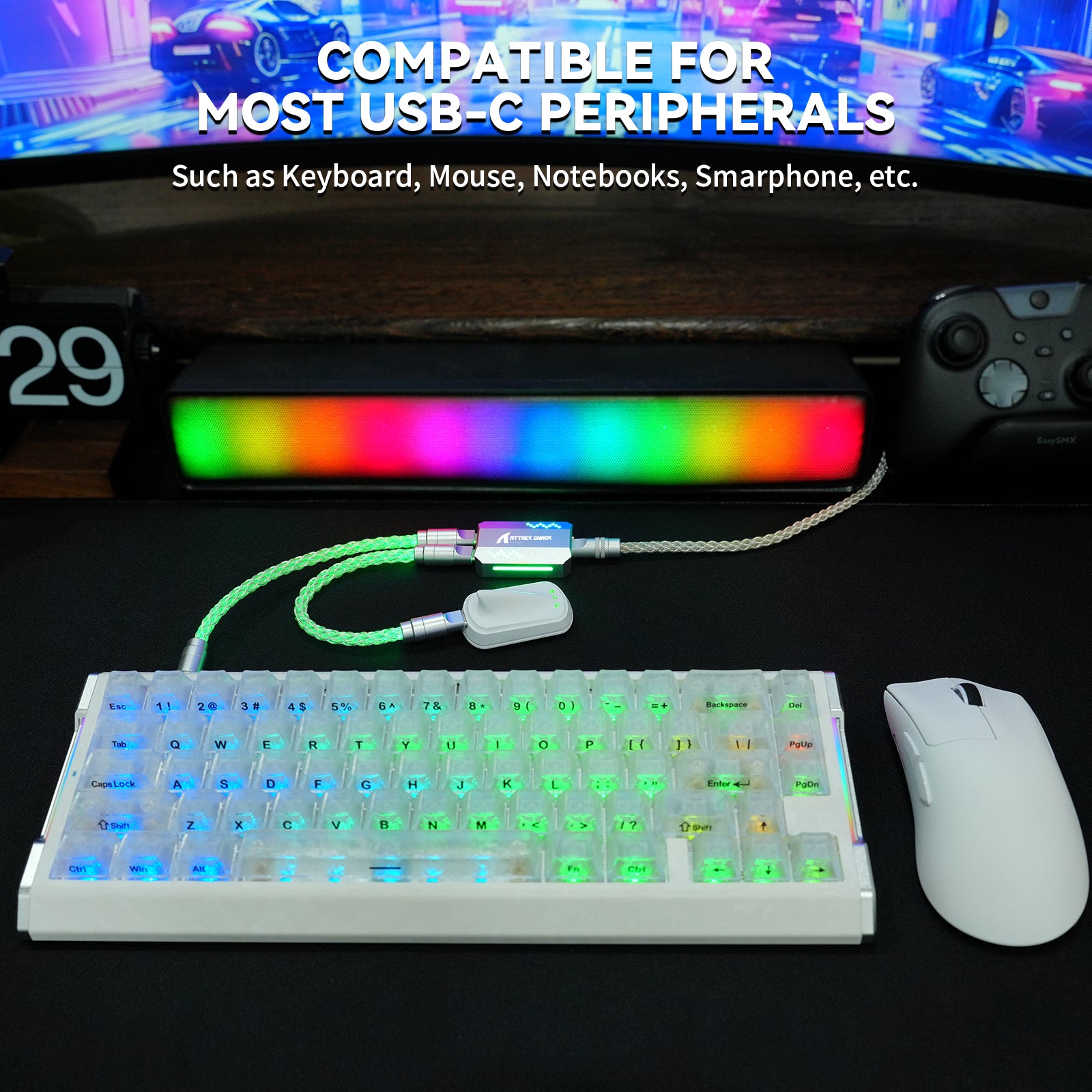 Cabo 2 em 1 Tipo C ATTACK SHARK C07 PRO para Teclado/Mouse Gamer 8KHz