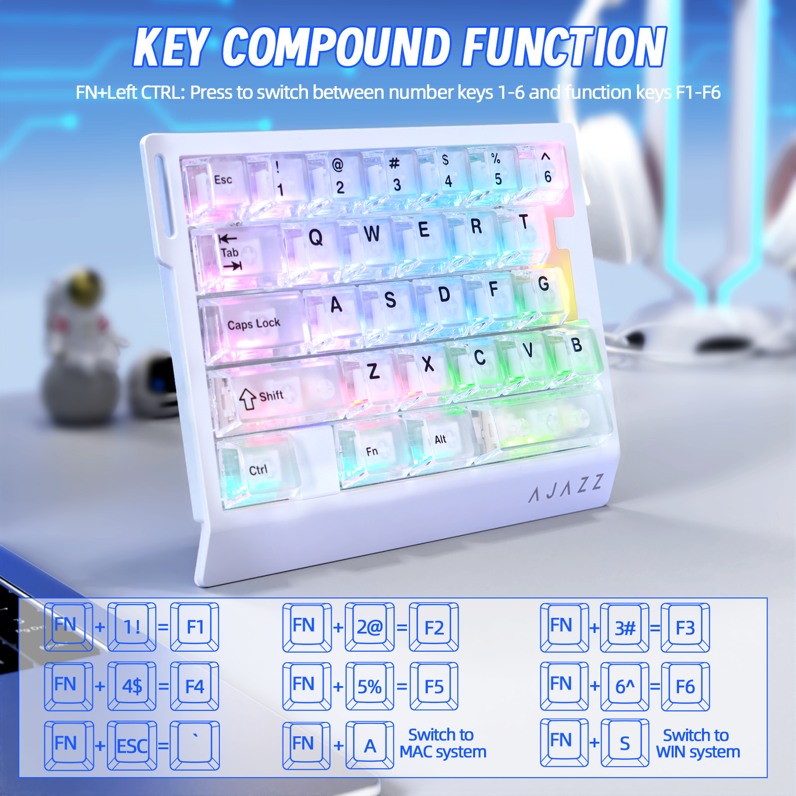 Teclado Gamer com Fio para Uma Mão ATTACK SHARK X AJAZZ AK029