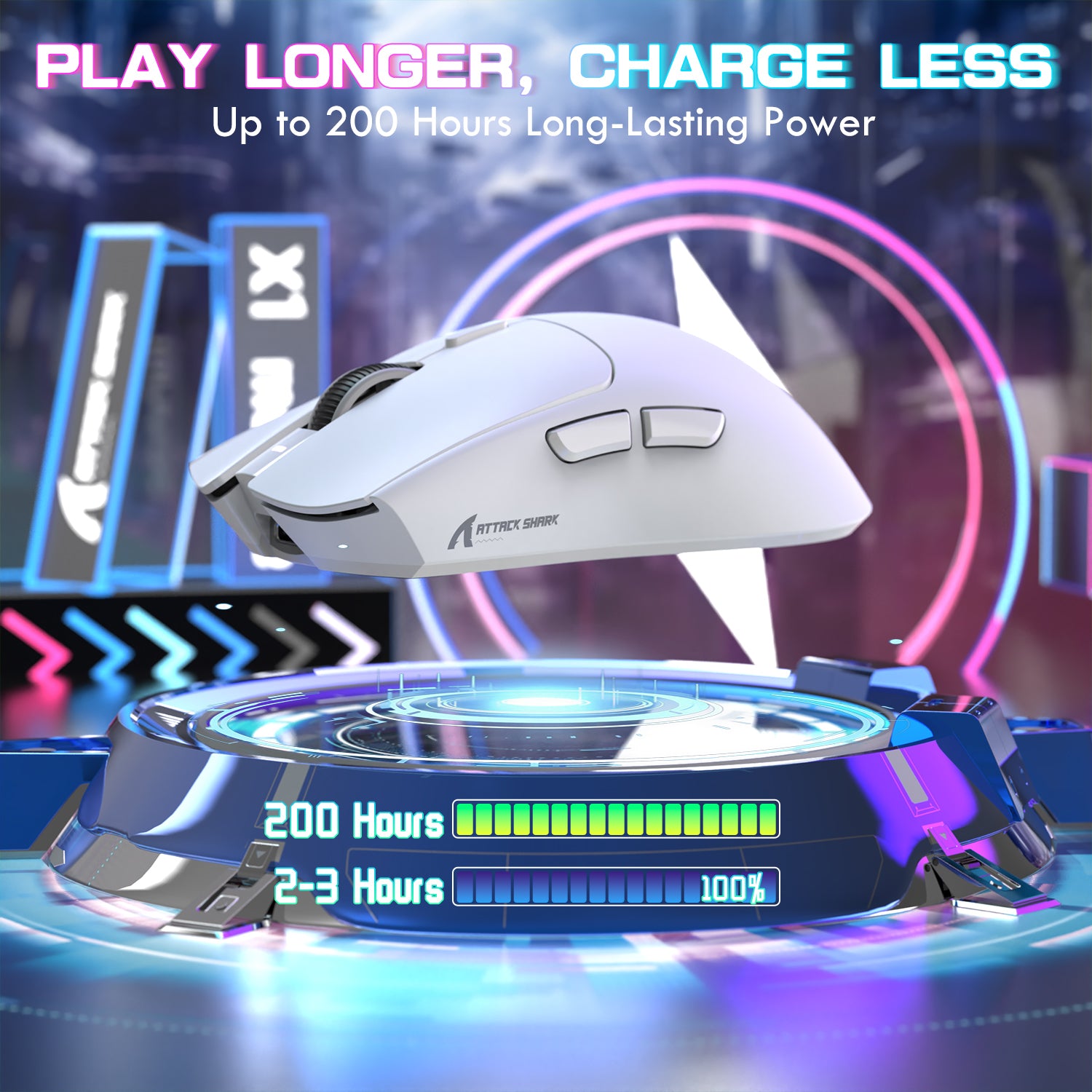 ATTACK SHARK X1 gaming mouse with white color, long-lasting battery, and magnetic charging dock