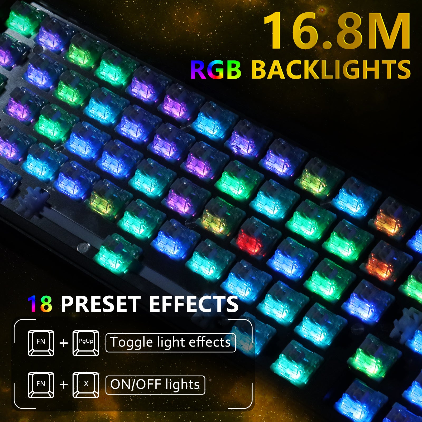 ATTACK SHARK X65 HE keyboard showcasing 16.8M RGB backlights and 18 preset effects, enhancing gaming experience.