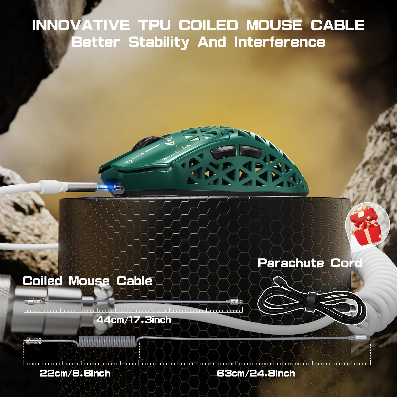 ATTACK SHARK R5 Ultra green gaming mouse with coiled and parachute cables displayed.