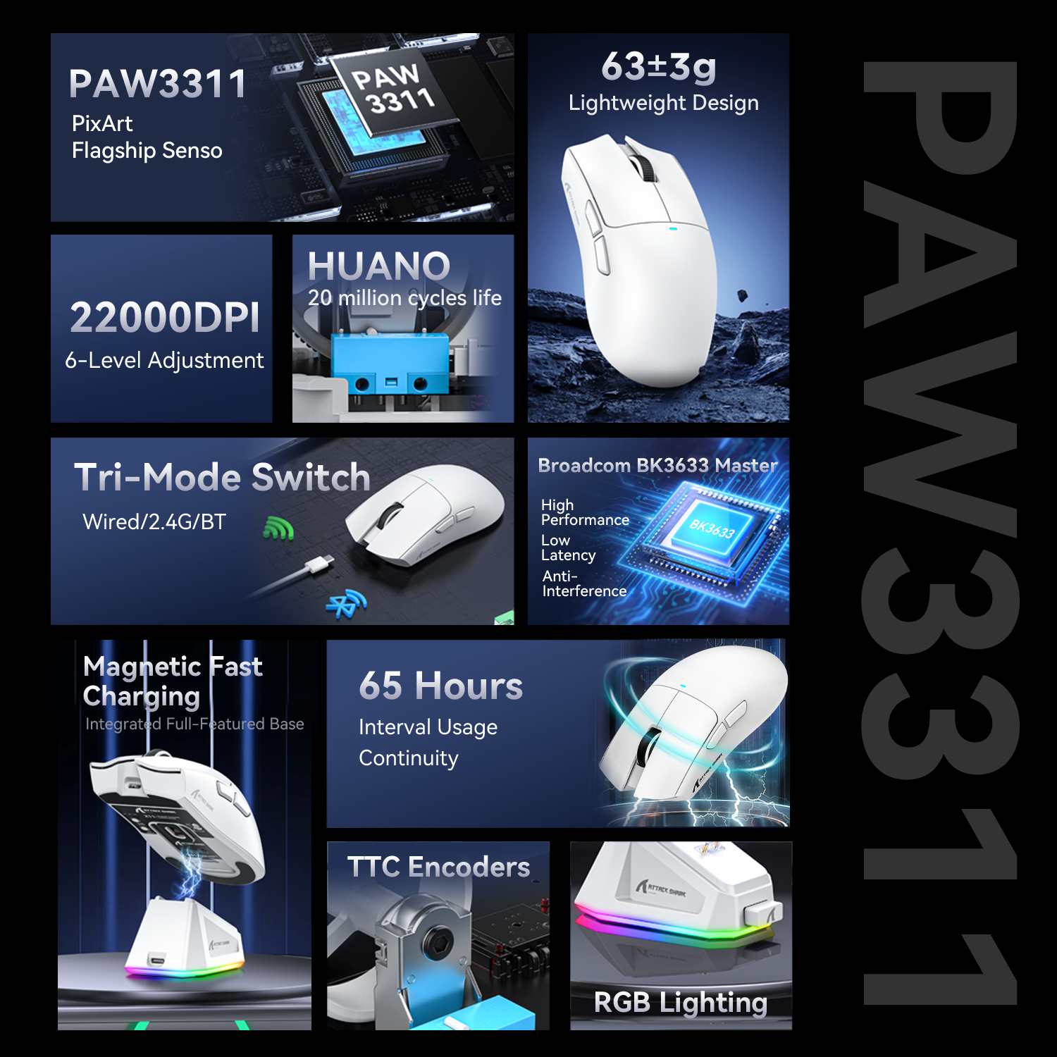 White ATTACK SHARK X11 wireless gaming mouse with RGB charging dock. Features PAW3311 sensor, 22000 DPI, tri-mode, 65hr battery.