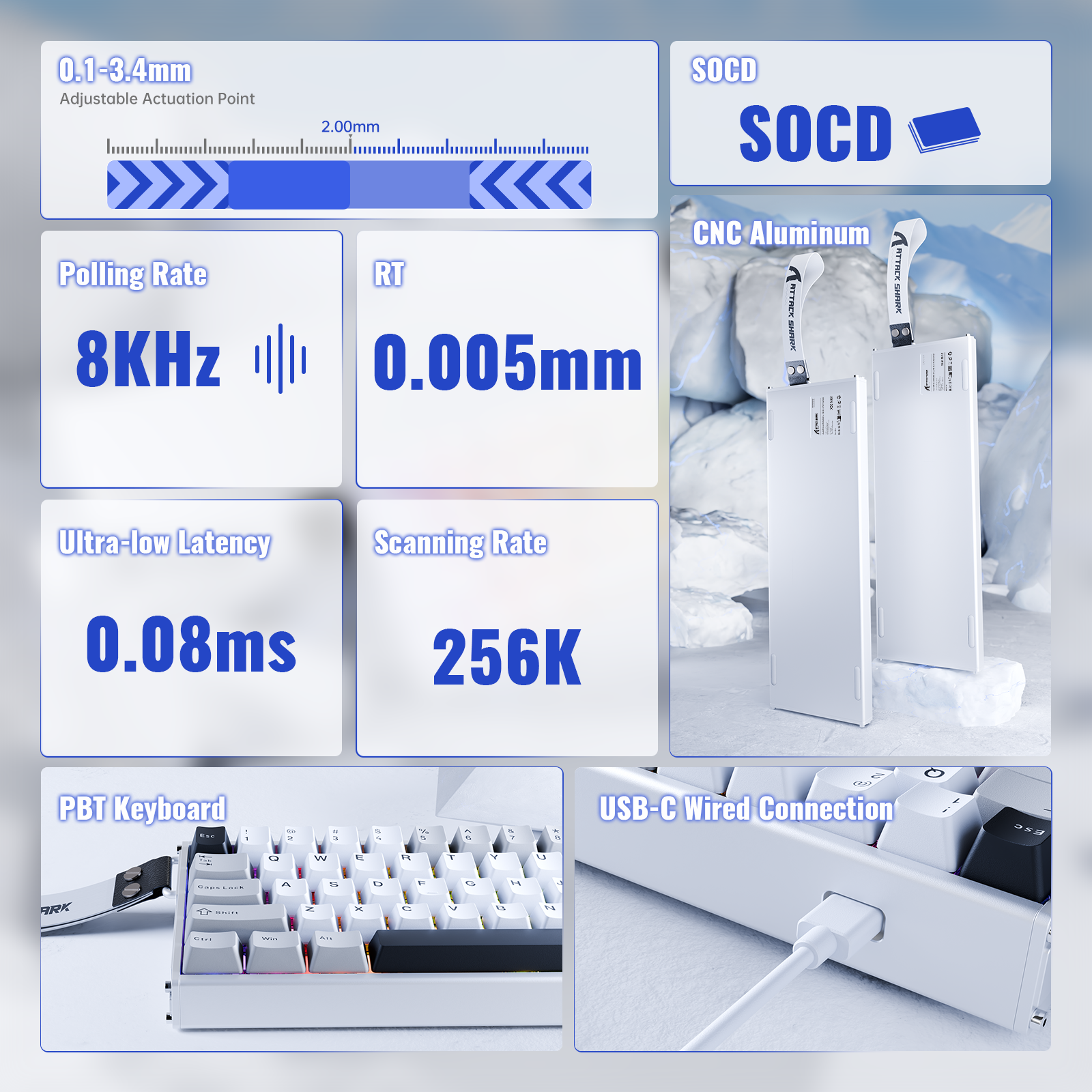 ATTACK SHARK X68MAX HE White Aluminum keyboard, featuring rapid trigger, 8KHz polling rate, and USB-C connection.