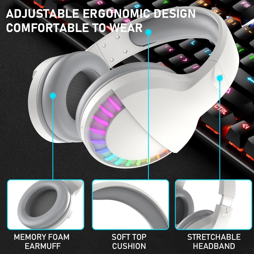ATTACK SHARK SH33 wireless headset with RGB lights, memory foam earmuffs and adjustable headband.