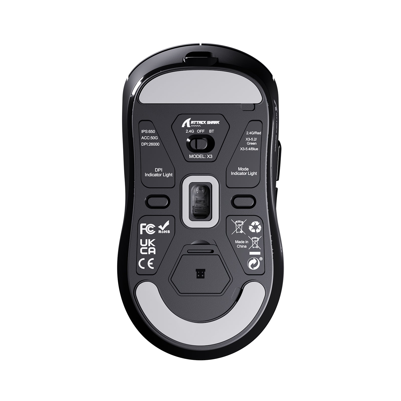 ATTACK SHARK X3 Wireless Gaming Mouse - Bottom view showing model information, black design