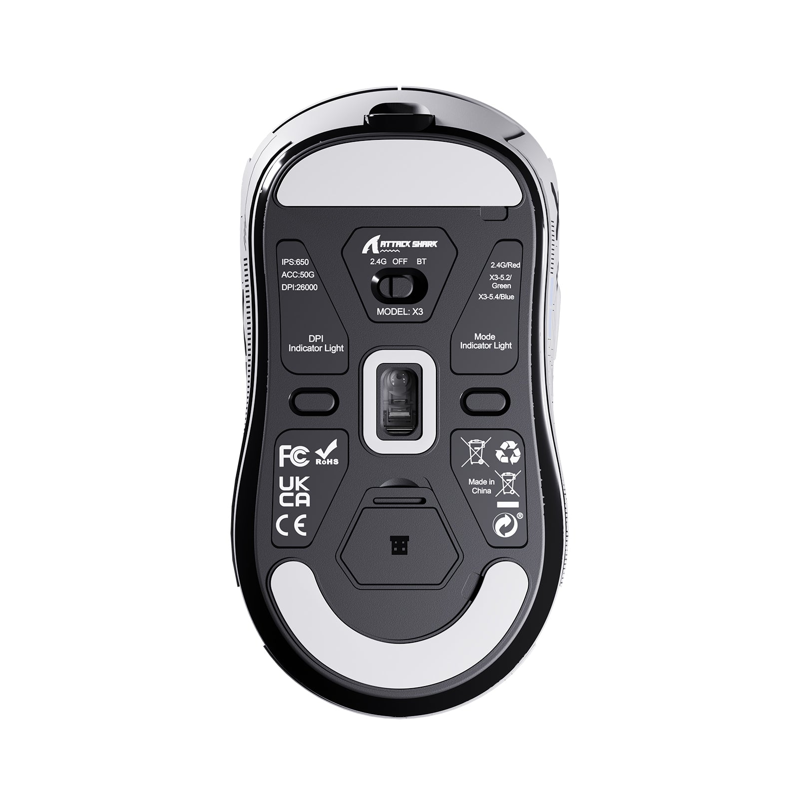 ATTACK SHARK X3 Wireless Gaming Mouse bottom view with model details, 2.4G/BT options, DPI, and mode indicator lights