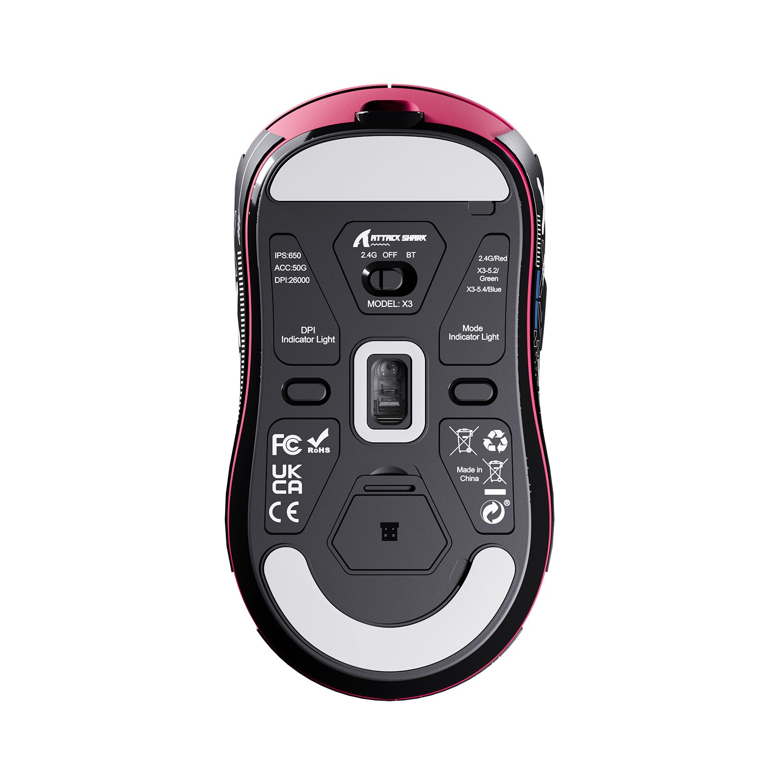 ATTACK SHARK X3 Wireless Gaming Mouse bottom view, pink and black design, model details, and indicator lights