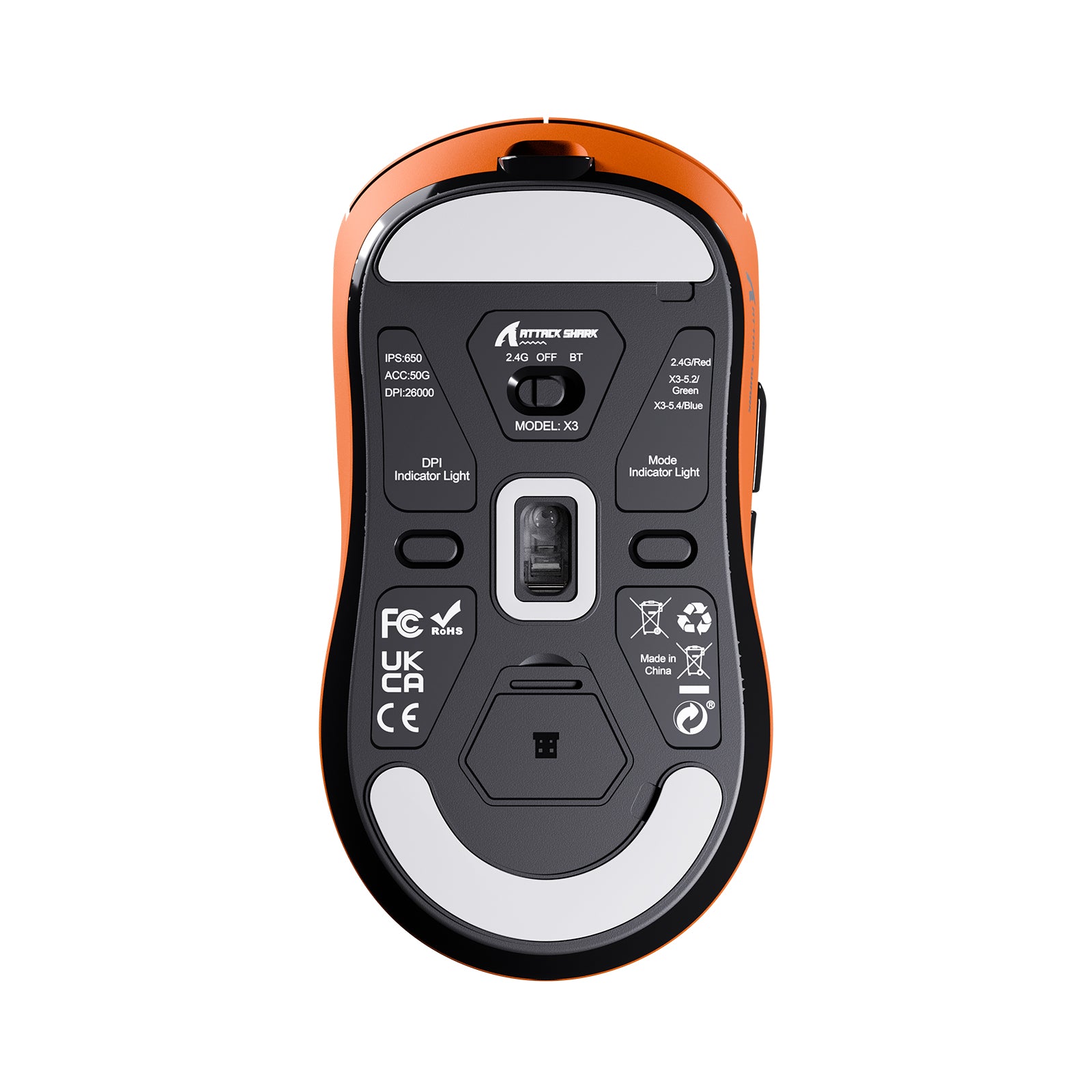 ATTACK SHARK X3 Wireless Gaming Mouse - Bottom view showing model information and orange design