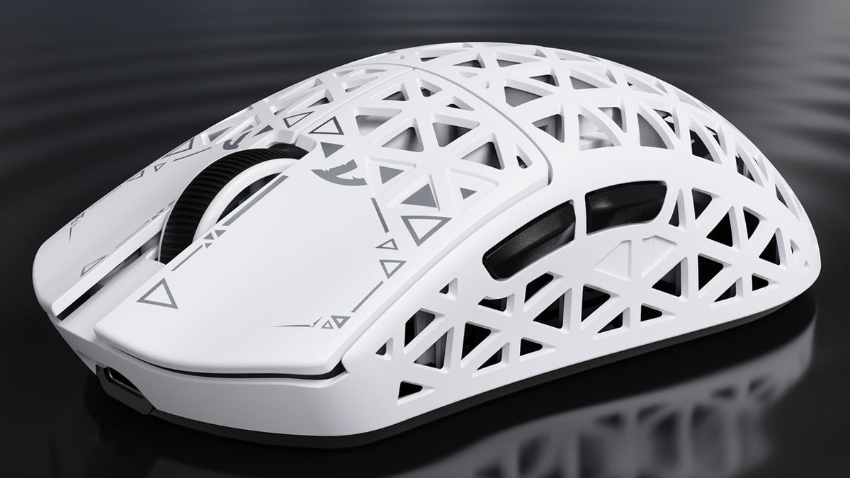 White lightweight honeycomb gaming mouse with geometric cutout shell and black side buttons