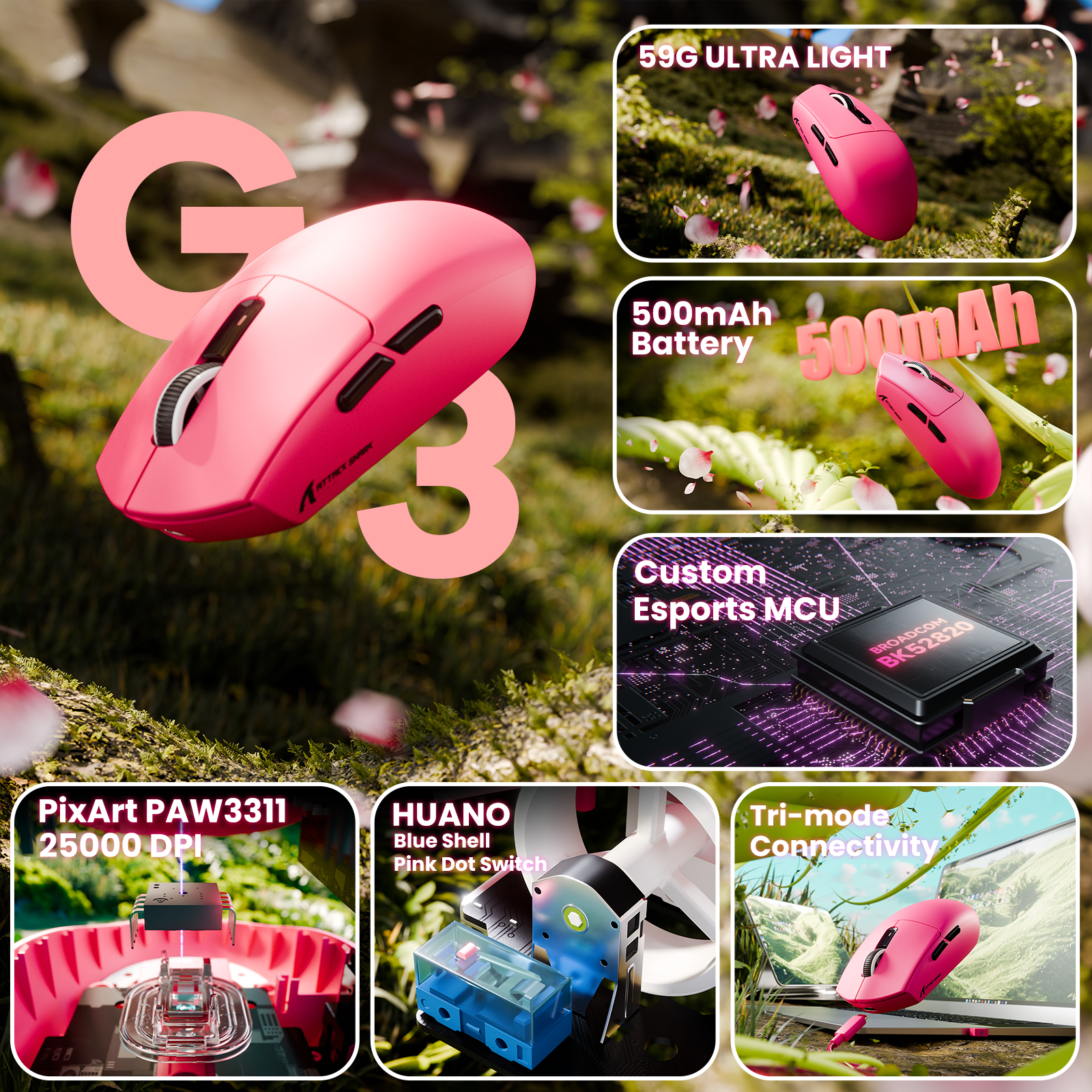 Mouse Gamer Sem Fio Tri-modo ATTACK SHARK G3 25000 DPI Ultraleve