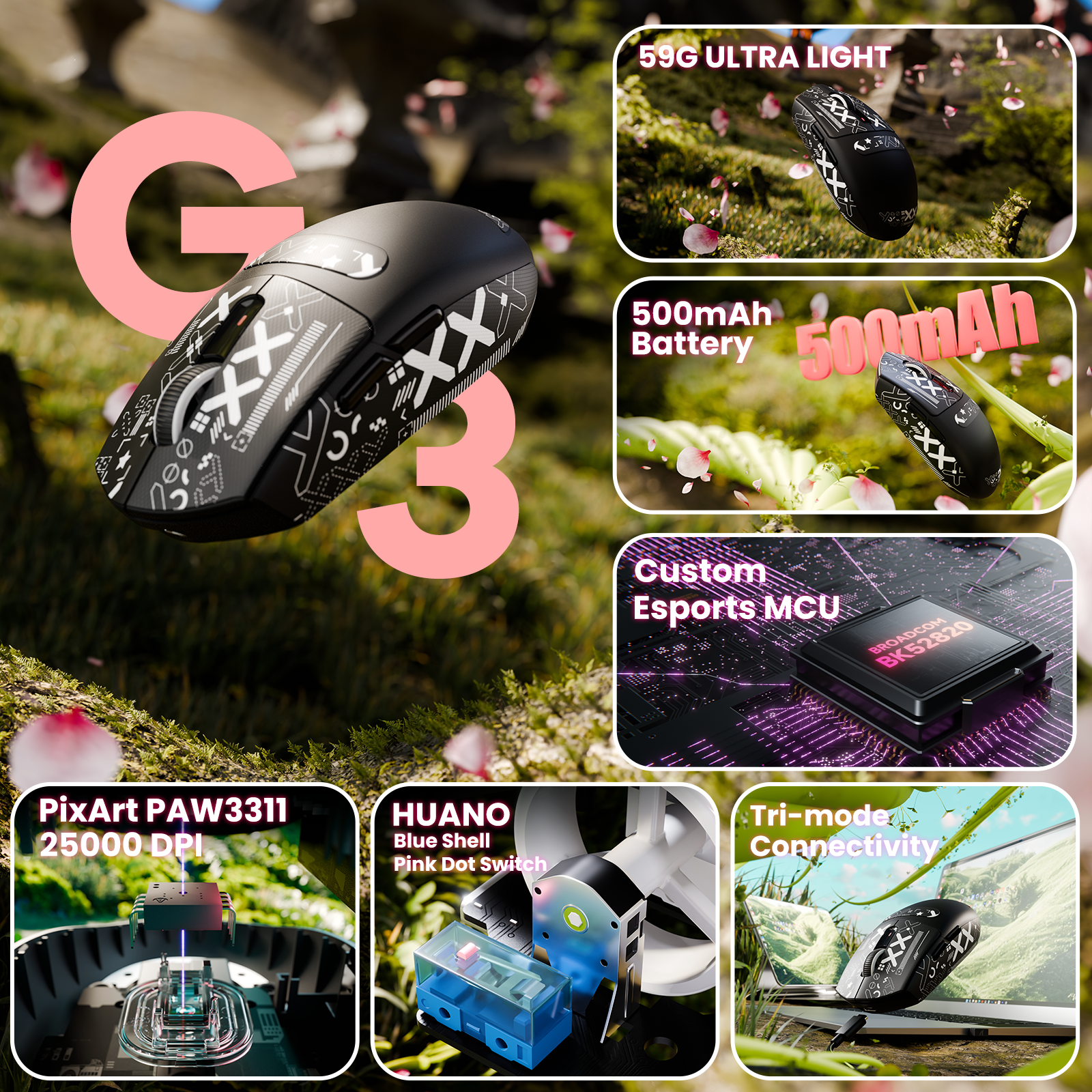 Mouse Gamer Sem Fio Tri-modo ATTACK SHARK G3 25000 DPI Ultraleve