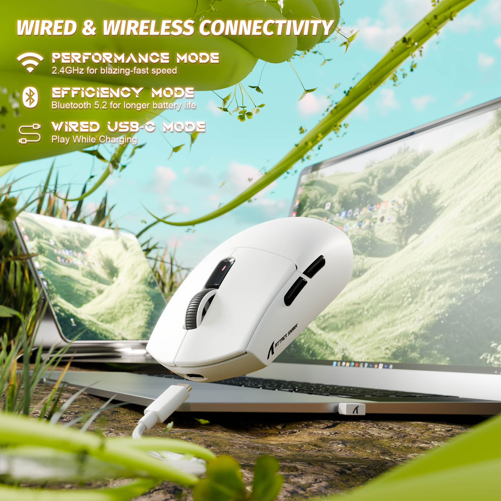 Mouse Gamer Sem Fio Tri-modo ATTACK SHARK G3 25000 DPI Ultraleve