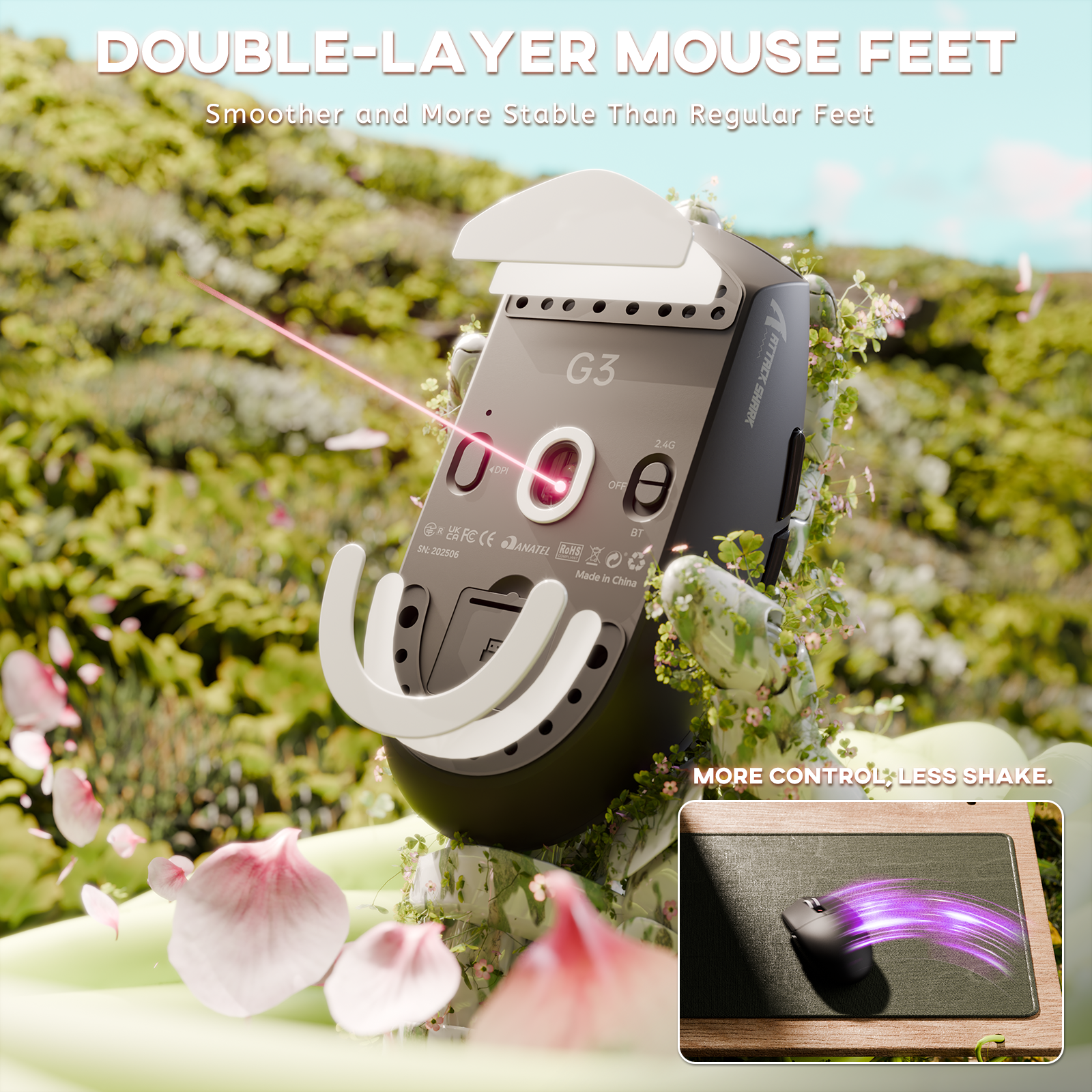 Mouse Gamer Sem Fio Tri-modo ATTACK SHARK G3 25000 DPI Ultraleve