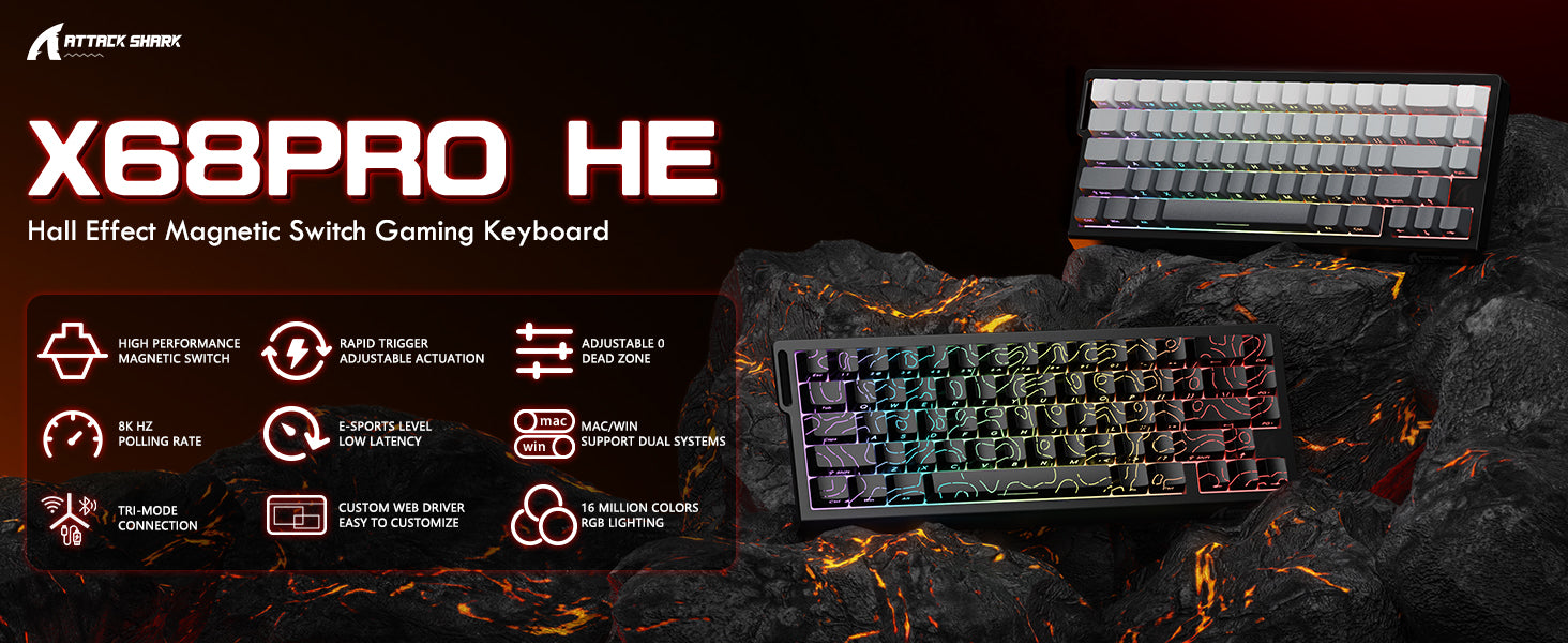 ATTACK SHARK X68PRO HE Teclado Rapid Trigger Sem Fio com Cabo Enrolado