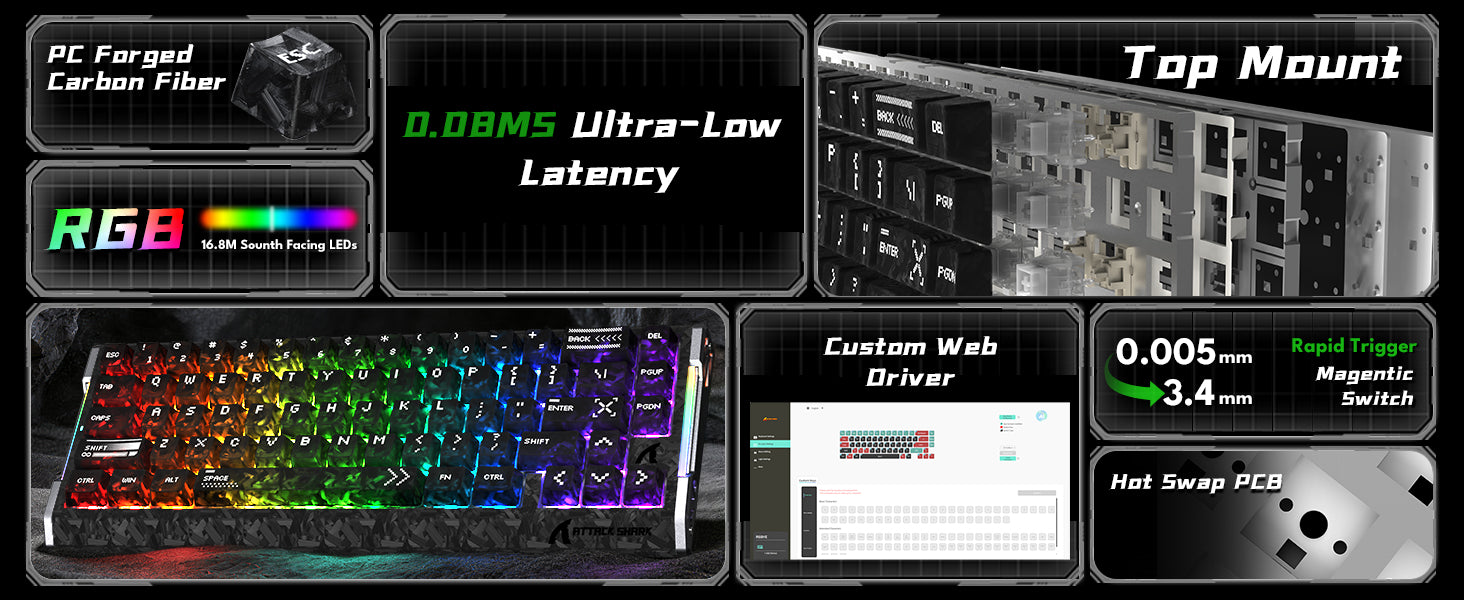 Teclado com Fio ATTACK SHARK R68 HE Rapid Trigger com Switch Magnético em Fibra de Carbono e Cabo RGB Enrolado C01 Ultra